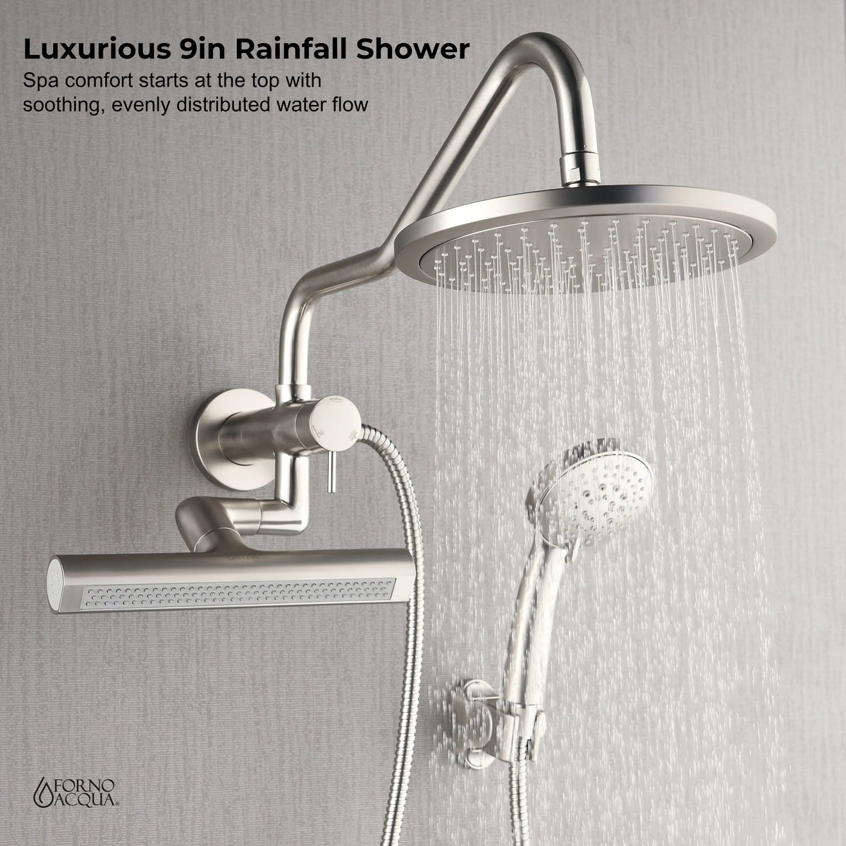 Brushed nickel rainfall shower head with handheld spray head and flexible hose