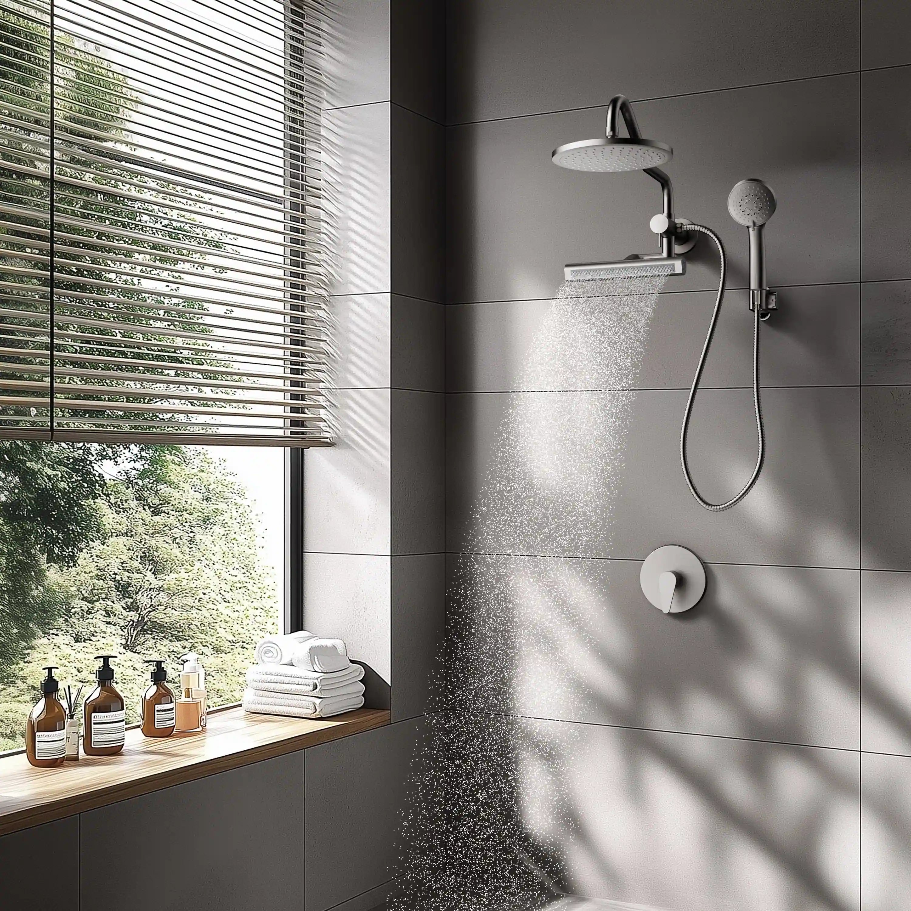 Brushed nickel rainfall shower and handheld sprayer set on shower wall