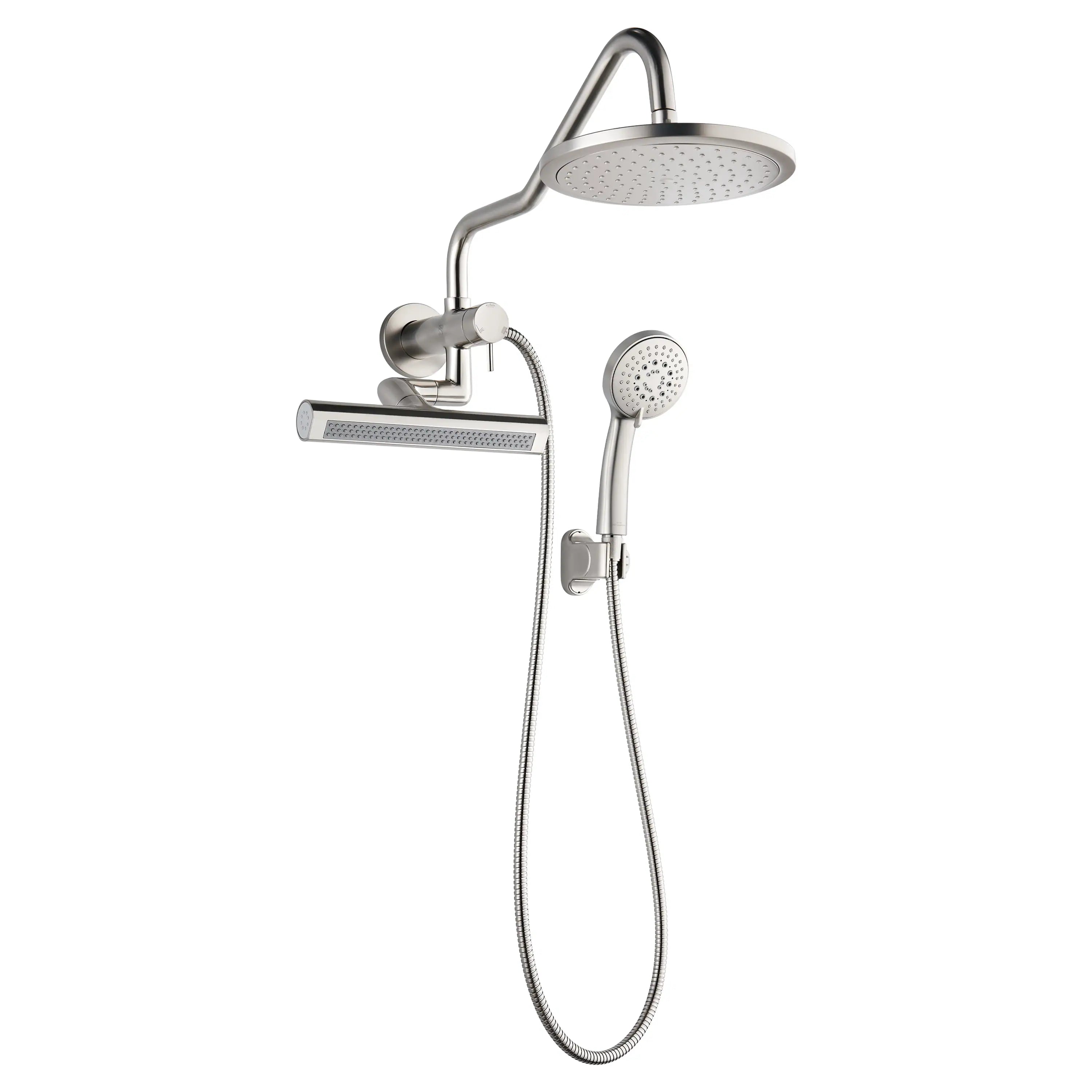 Brushed nickel rainfall shower head with handheld sprayer and braided hose