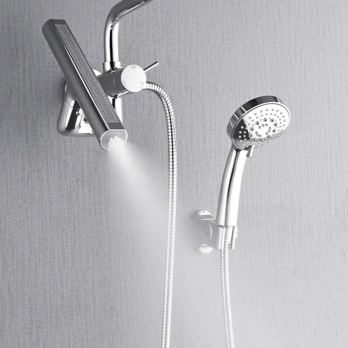 Polished stainless steel overhead rainfall shower with handheld sprayer and flexible hose