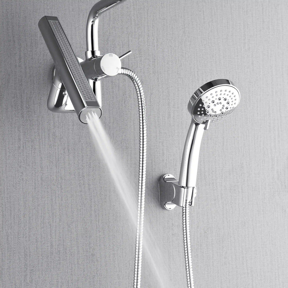 Polished stainless steel overhead rainfall shower head with handheld sprayer and diverter control