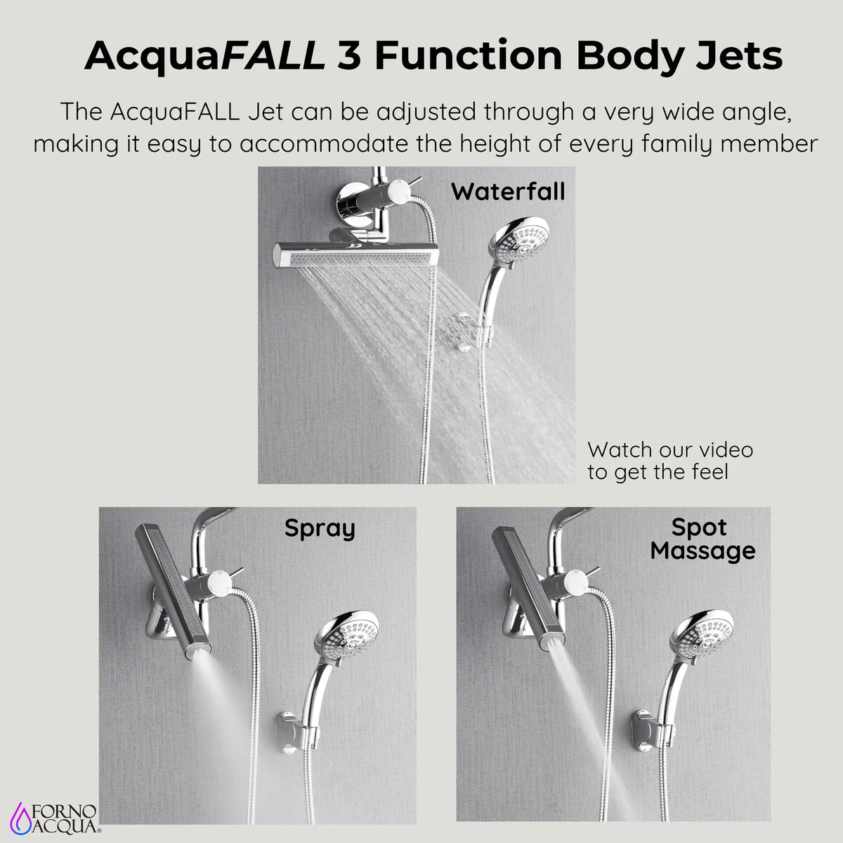 Stainless steel shower diverter with body-jet sprayer modes, handheld and waterfall head