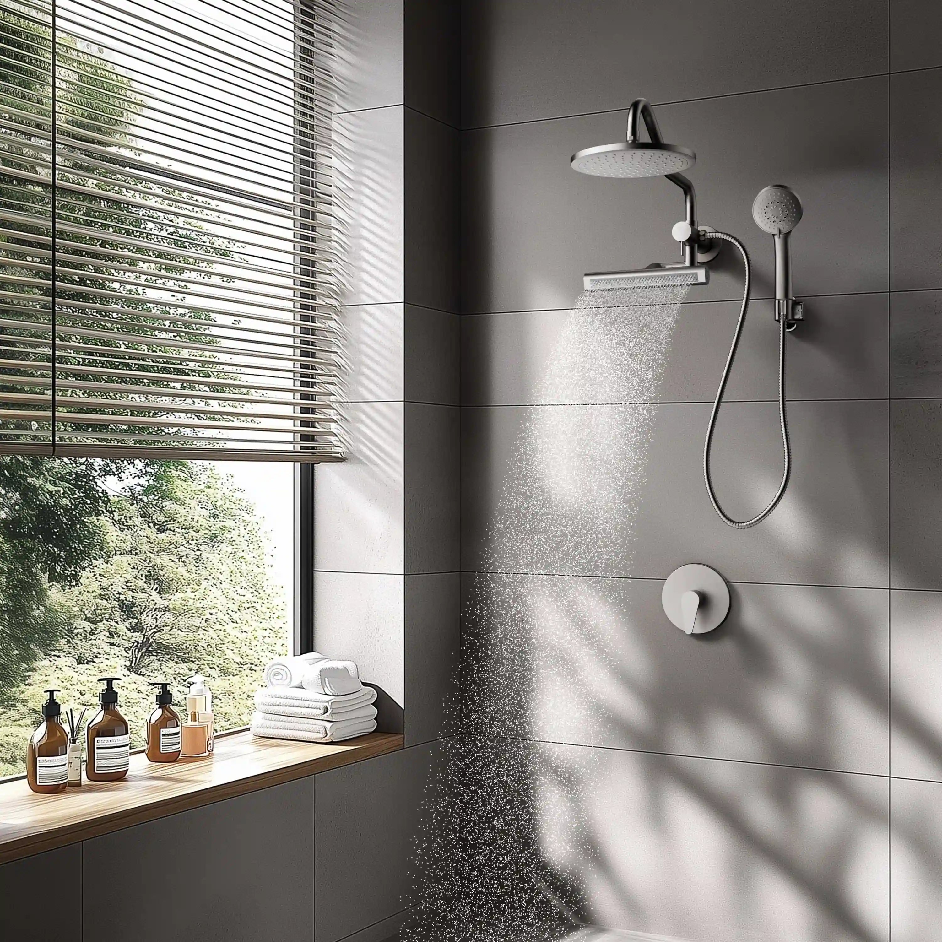 Polished stainless steel overhead rainfall shower fixture with handheld sprayer in shower