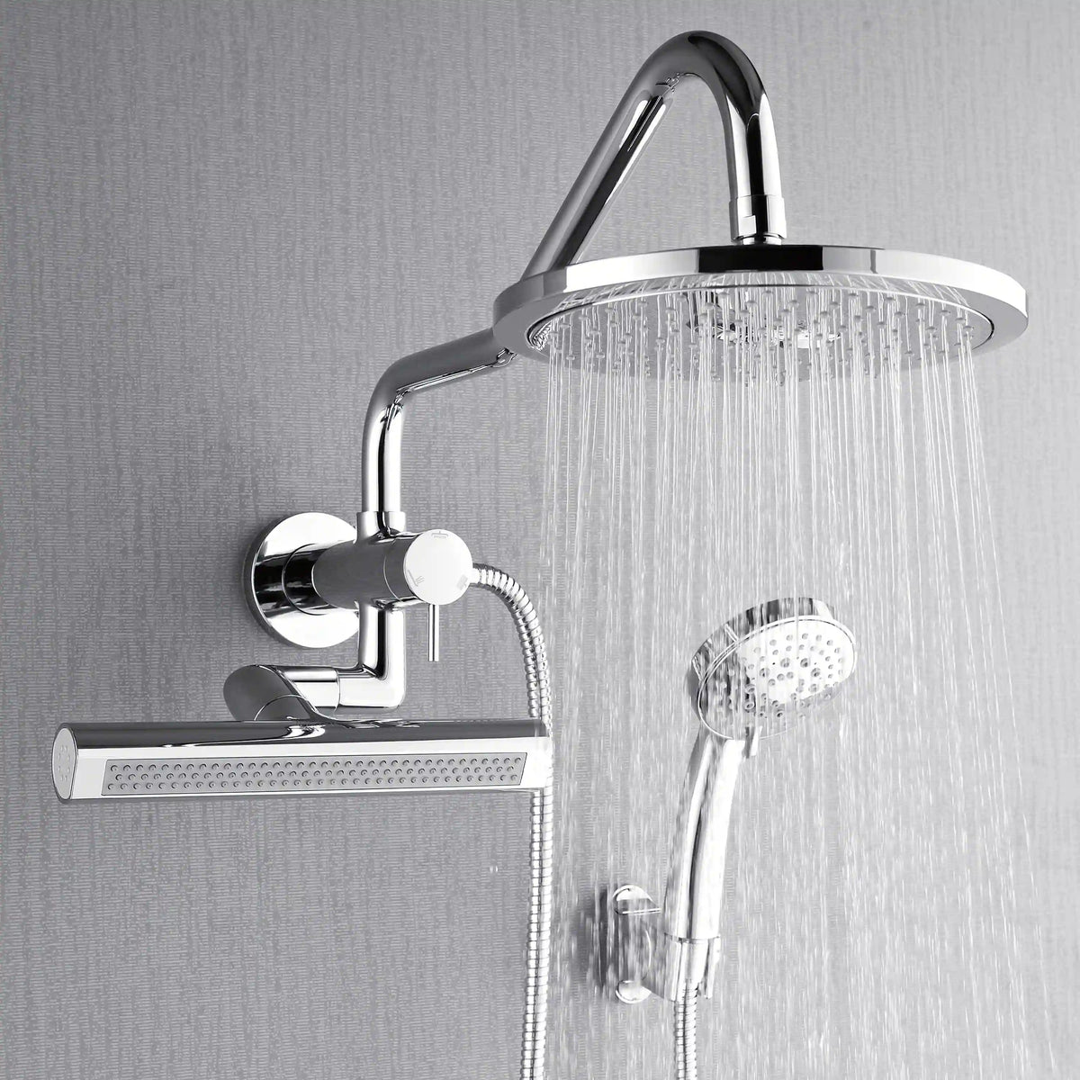 Polished stainless steel rainfall shower head with handheld sprayer and vertical water spray