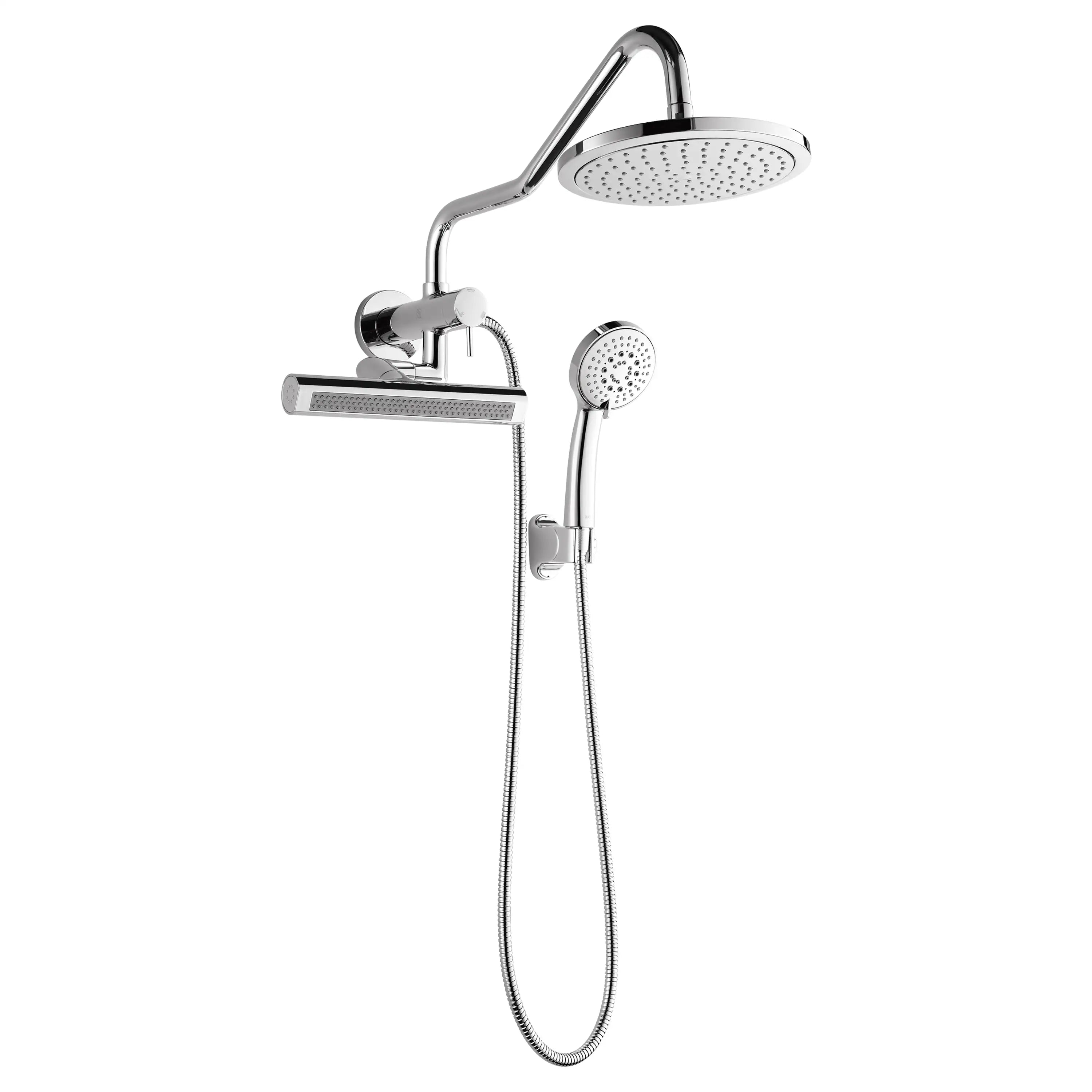 Polished stainless steel shower set with overhead rainfall head, handheld sprayer, and hose