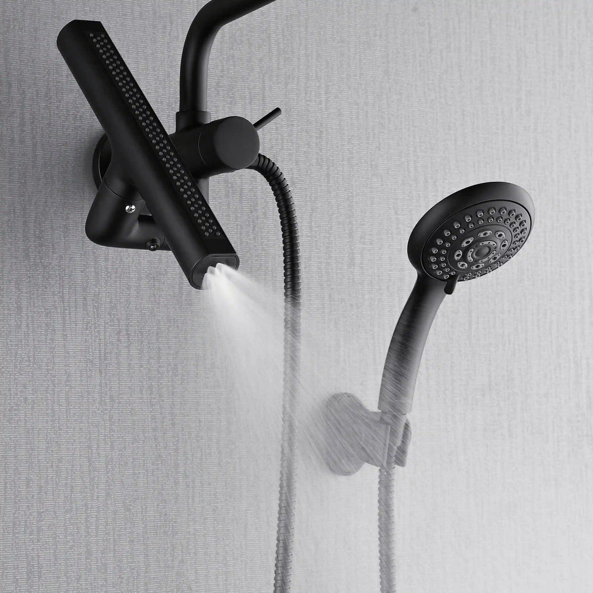 Matte black overhead rainfall shower set with handheld and spray outlet jets