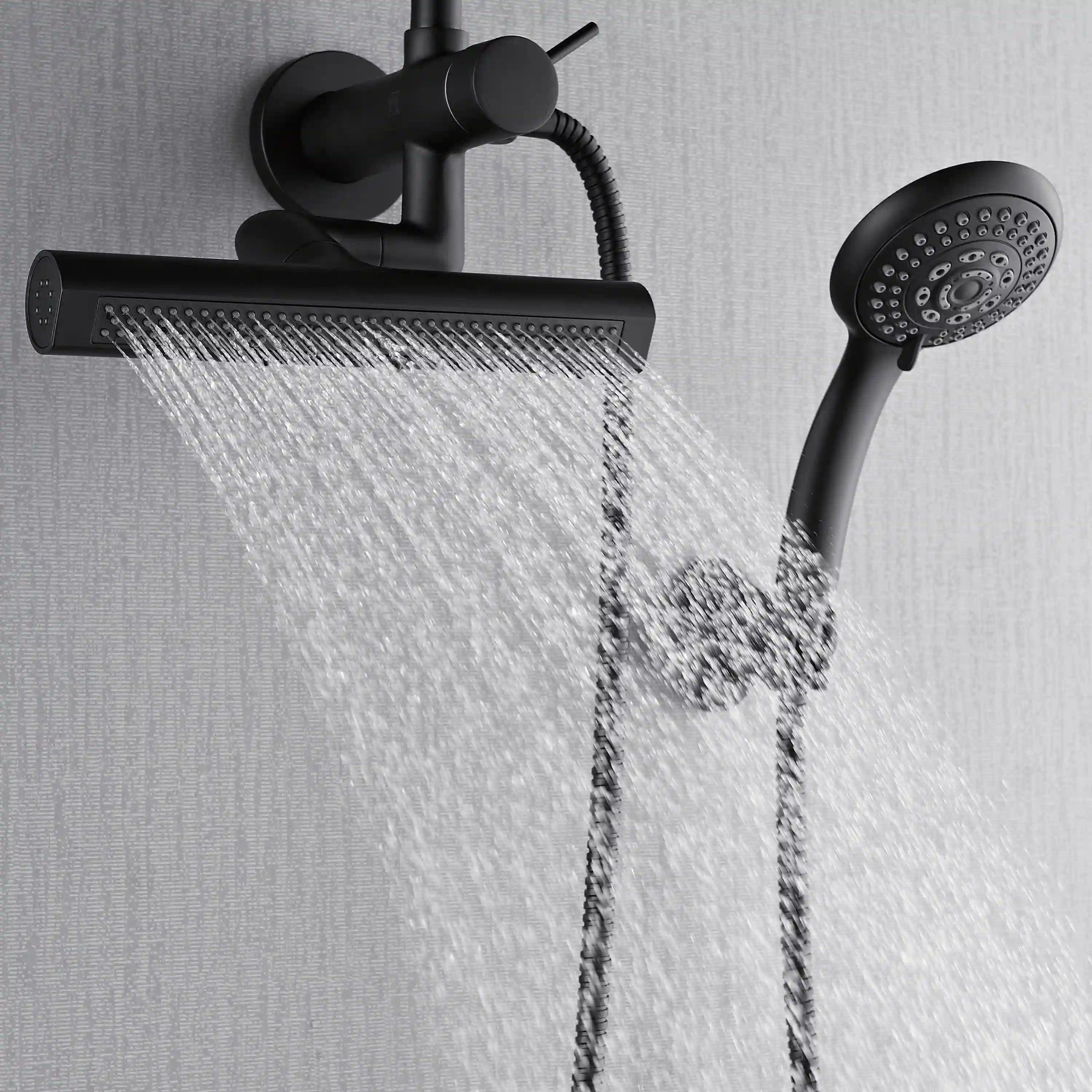 Matte black overhead rainfall shower head with handheld sprayer and flexible hose