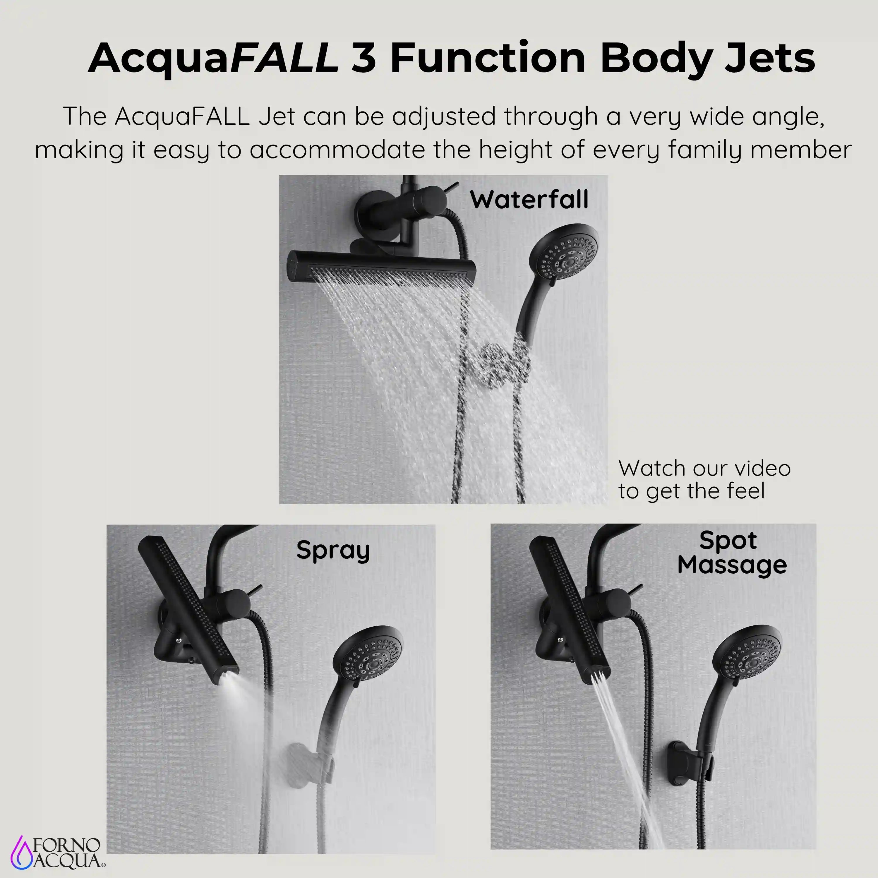Matte black shower system with adjustable body jets and handheld sprayer spray