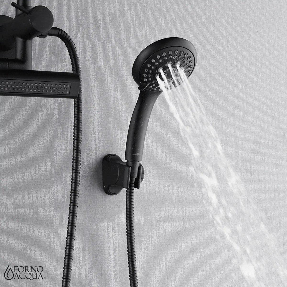 Matte black handheld shower with wide spray pattern and flexible hose