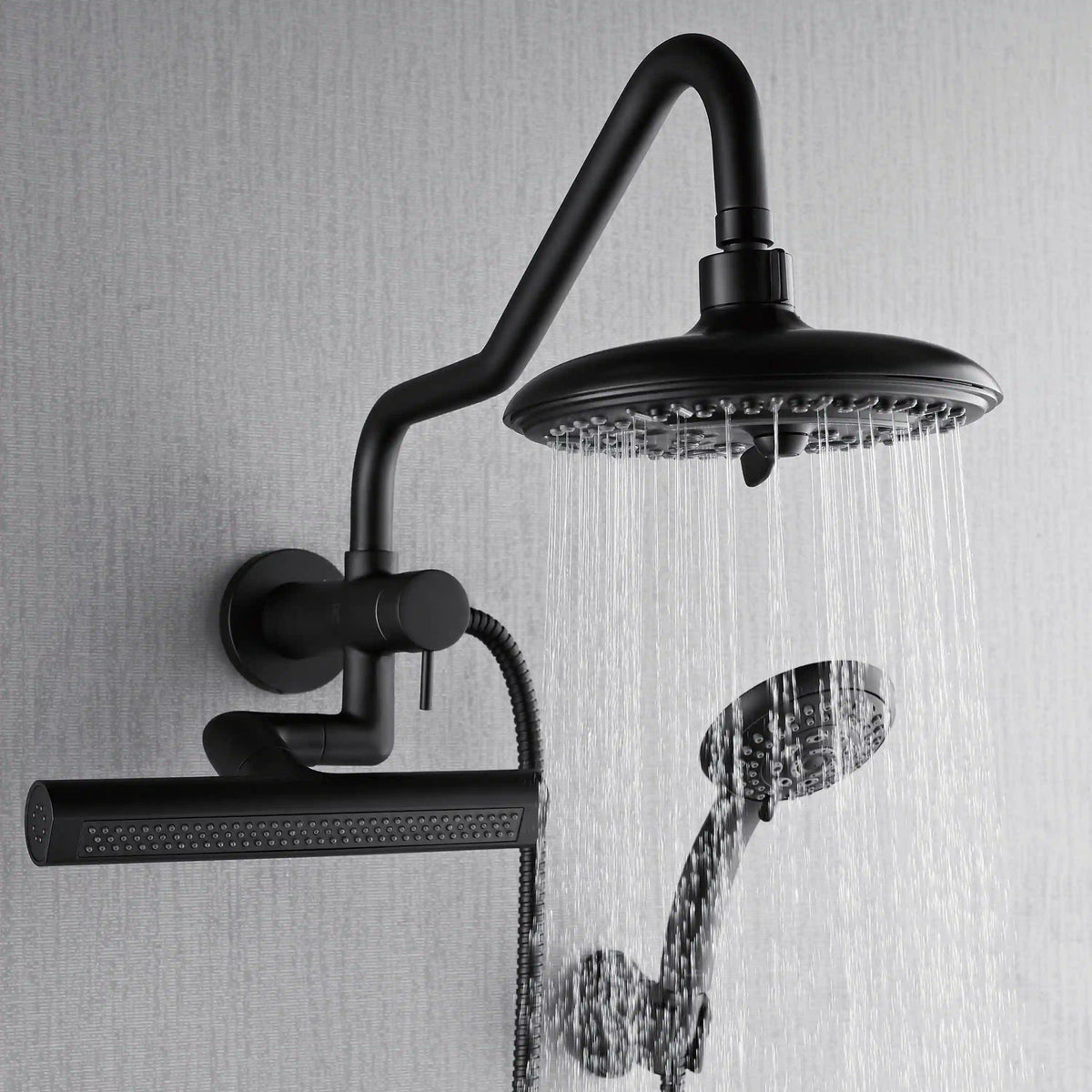 Matte black overhead rainfall shower head with flowing water stream