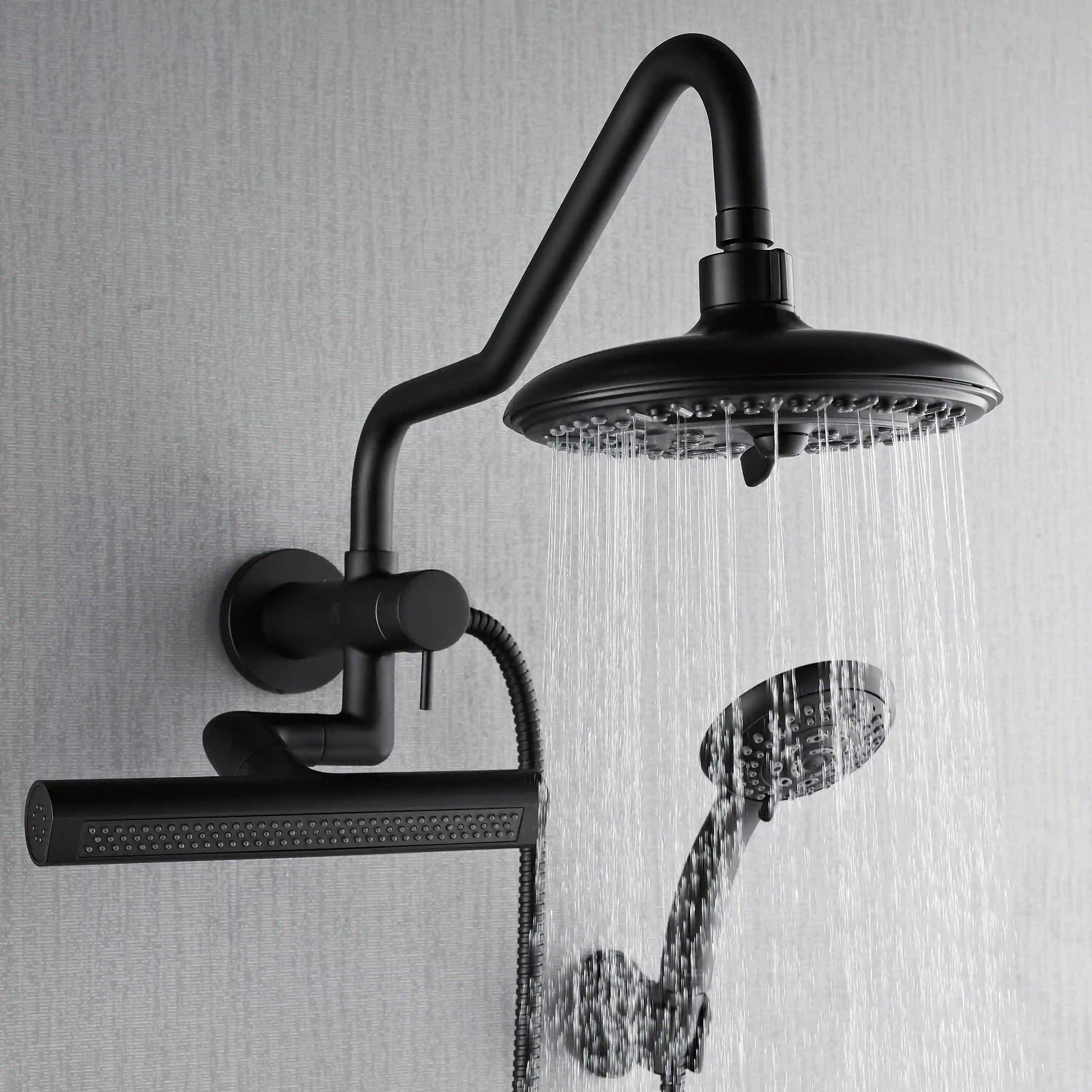 Matte black overhead rain head with side body jets and matching handheld sprayer