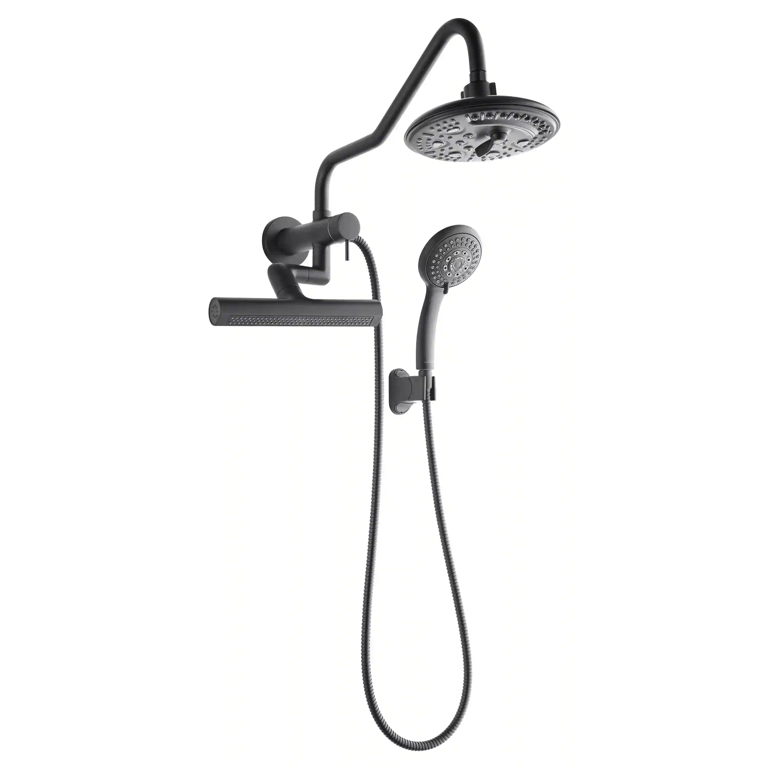 Matte black overhead rainfall shower set with handheld sprayer and flexible hose