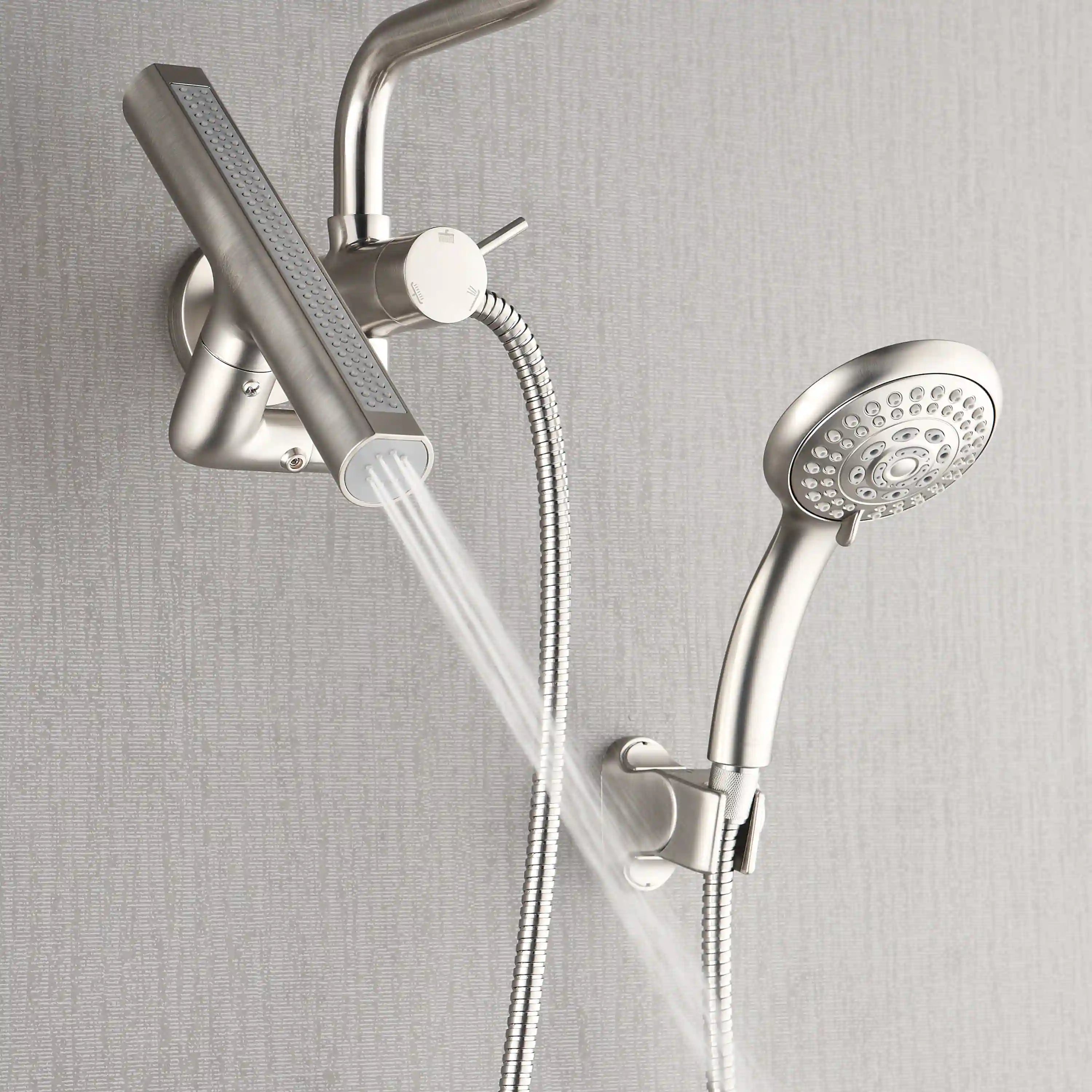 Brushed nickel shower set with overhead rain head, handheld head, hose, and spray flow