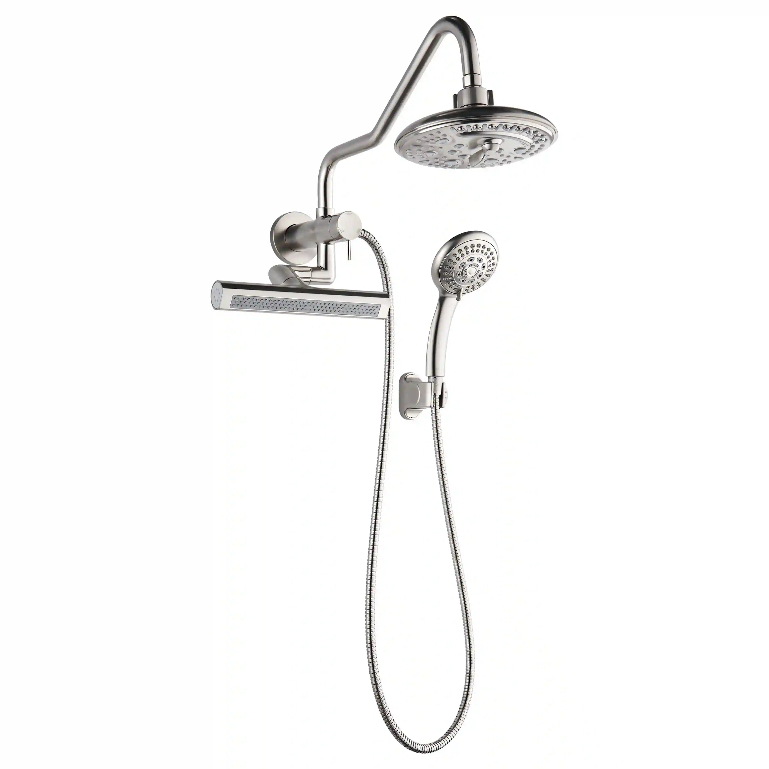 Brushed nickel overhead rain shower with handheld sprayer, hose, and body jets