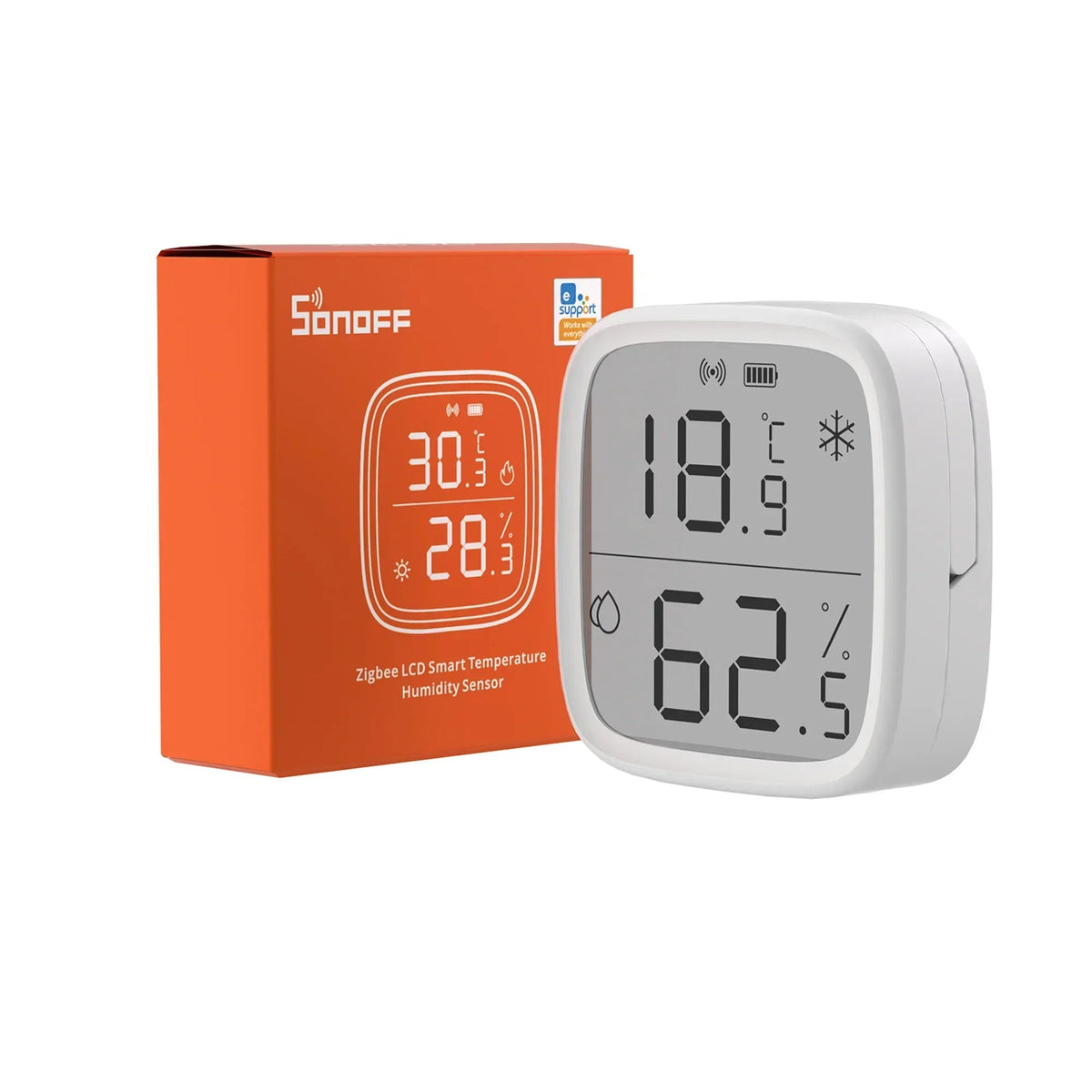 White LCD temperature and humidity sensor with retail box, front display view