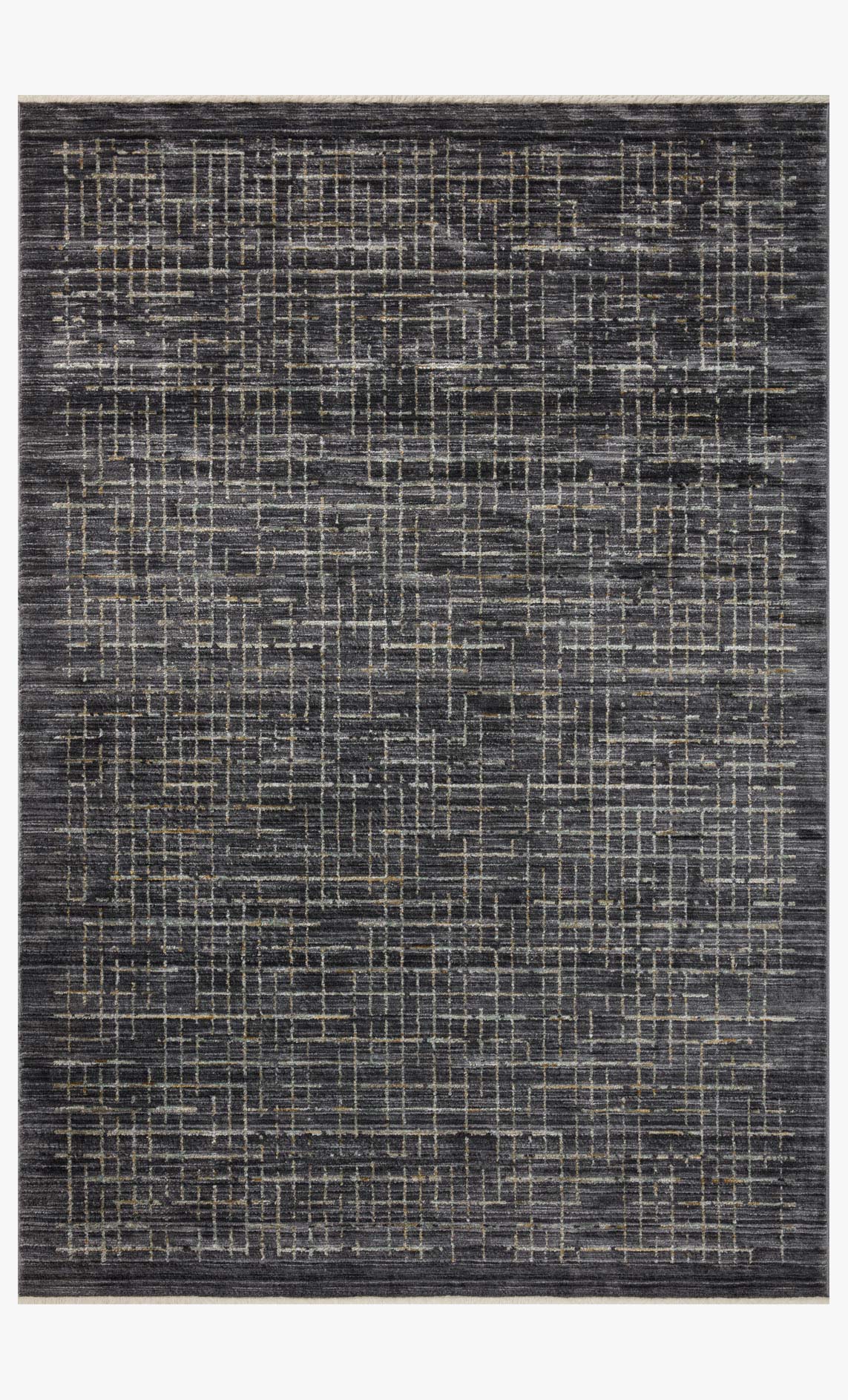 Charcoal area rug with silver grid pattern and thin border, centered straight-on view