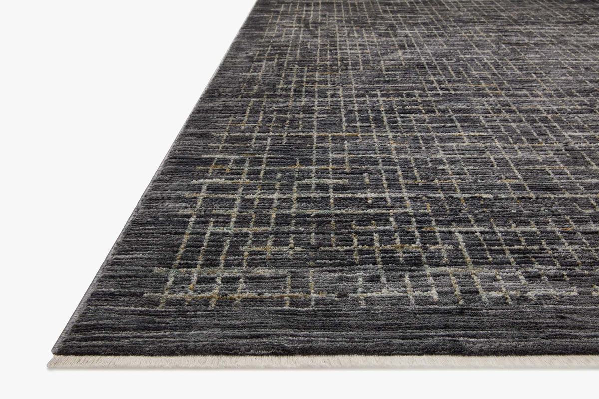 Dark runner rug with subtle silver grid pattern and textured low-pile finish