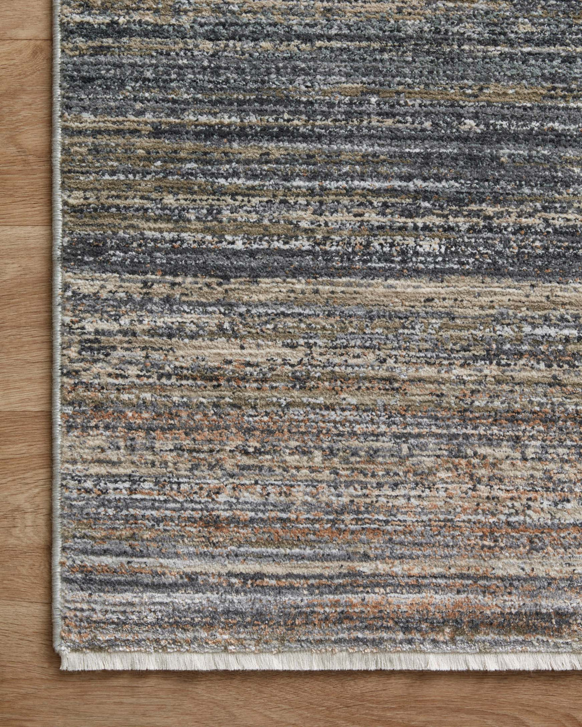 Runner rug with flat woven abstract stripes in gray, beige, and blue with speckled texture