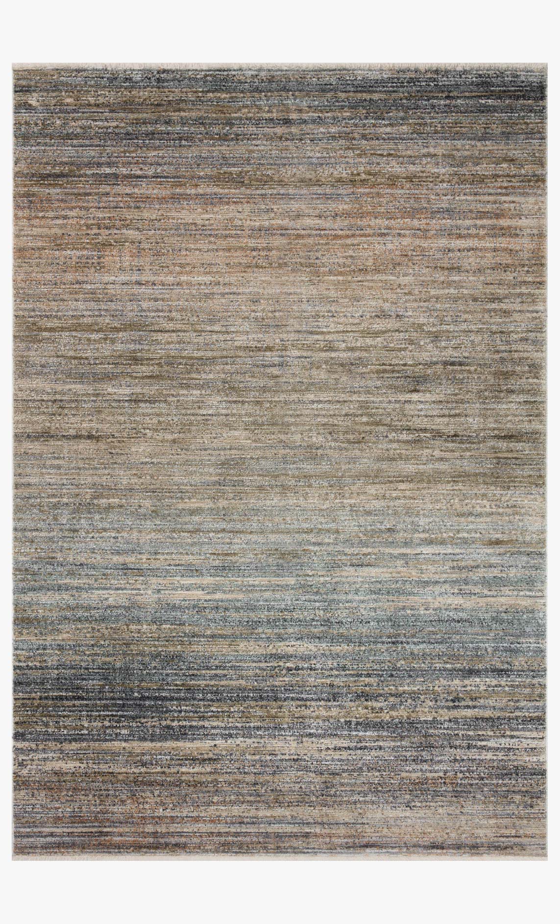 Beige and blue flatweave area rug with horizontal stripe bands and speckled texture.