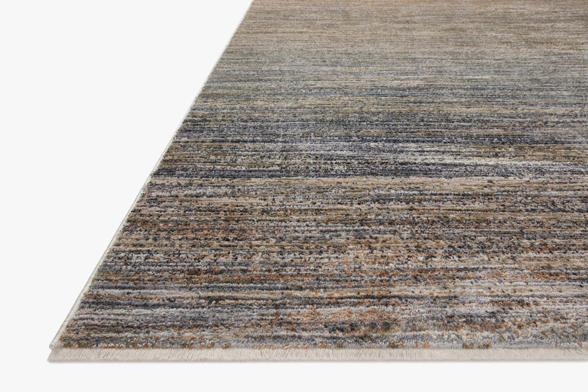 Beige and blue striped area rug with textured, flecked yarns.