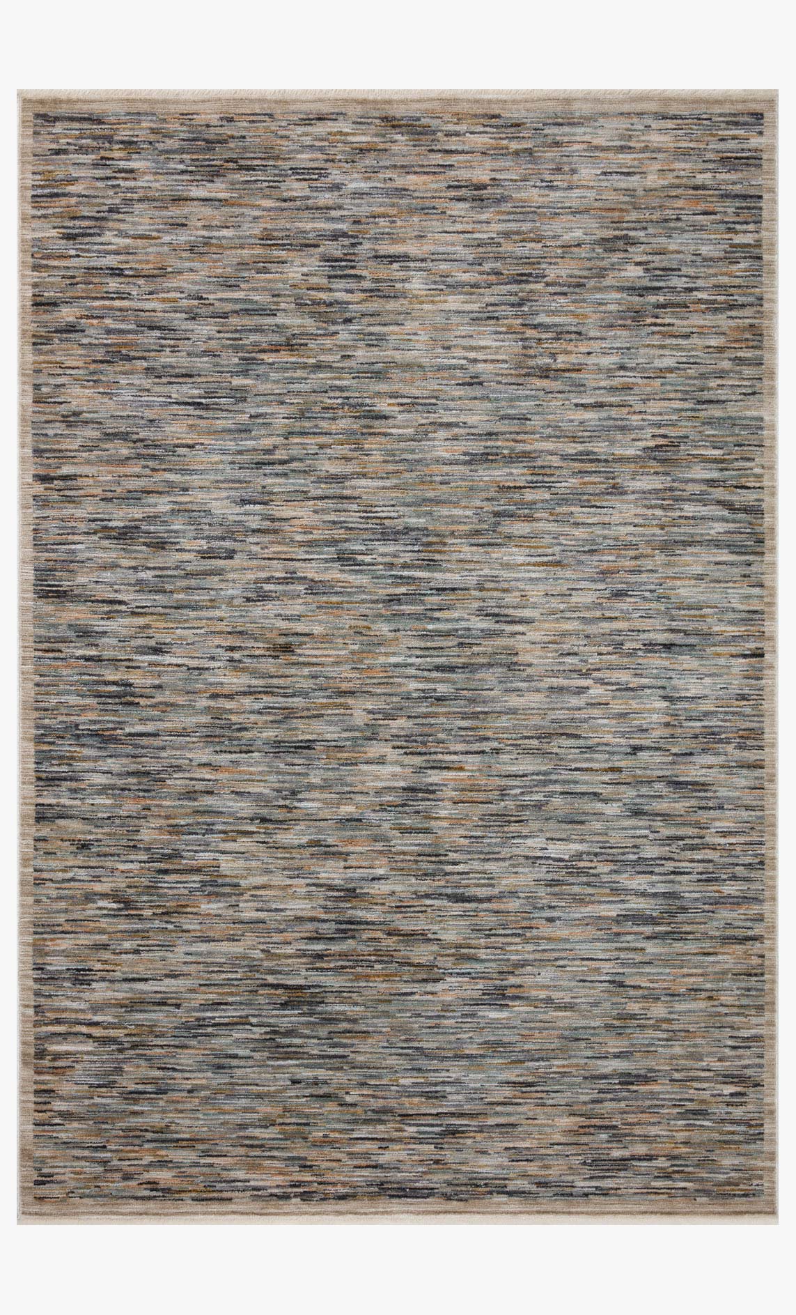 Rectangular runner rug with blue-gray, tan, and orange speckled linear pattern
