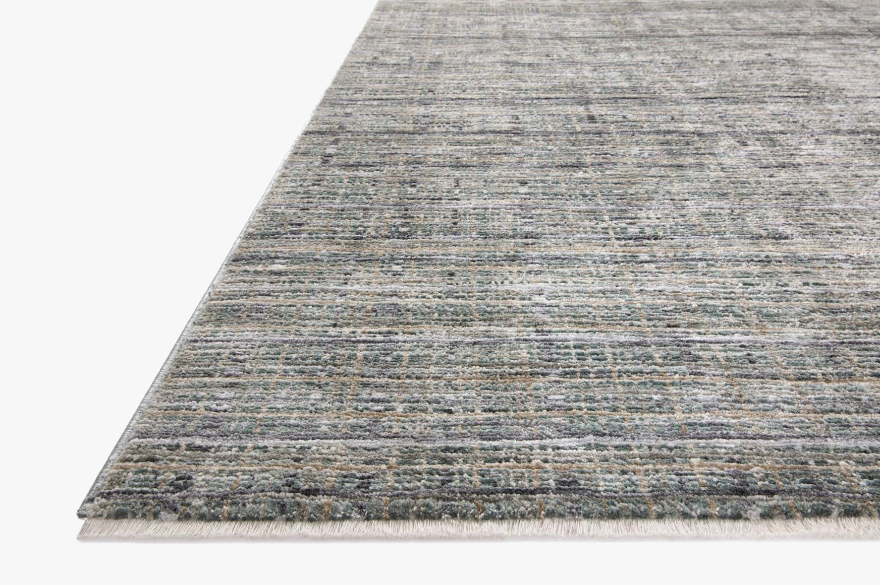 Blue-gray and light teal abstract runner rug with fine horizontal stripe pattern and speckles