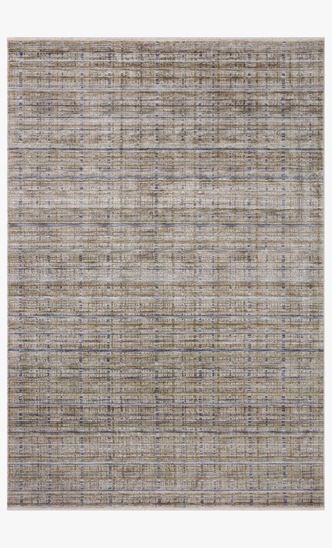 Rectangular beige and charcoal gray area rug with even woven stripe texture and border.