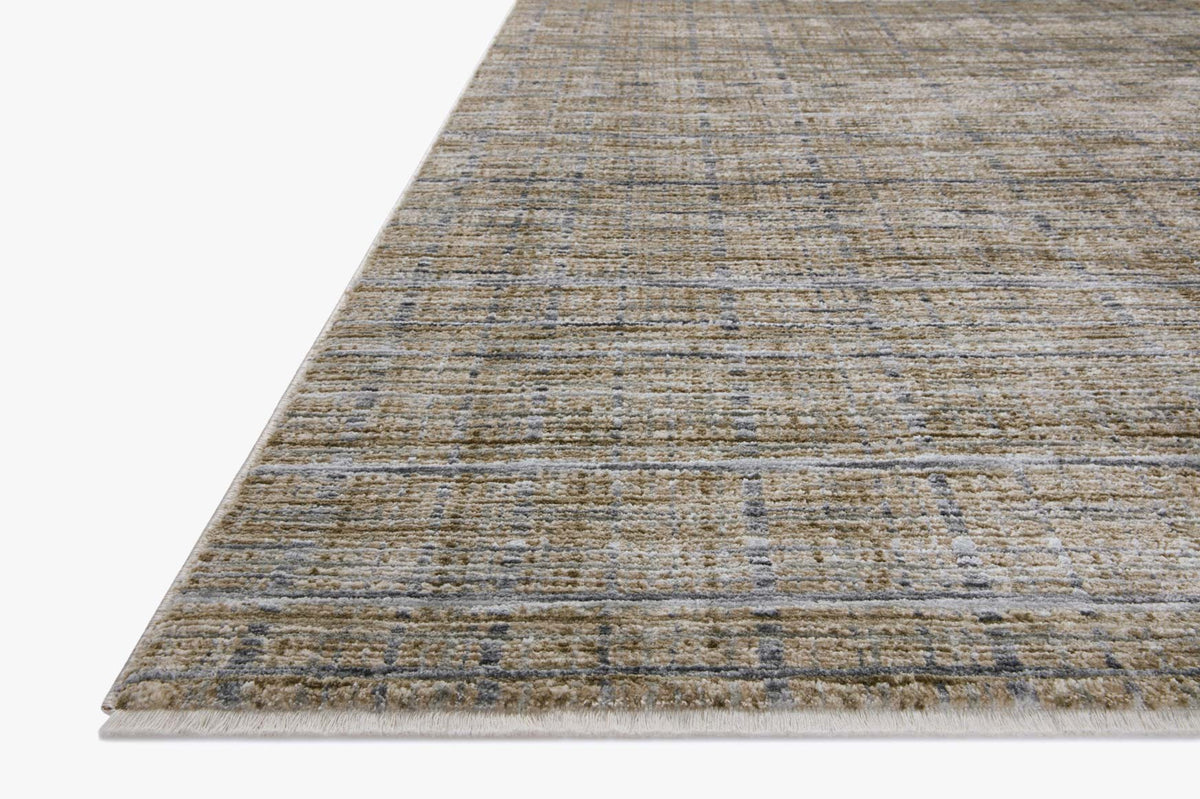 Runner rug with textured stripe pattern in pebble beige, light gray, and dark charcoal