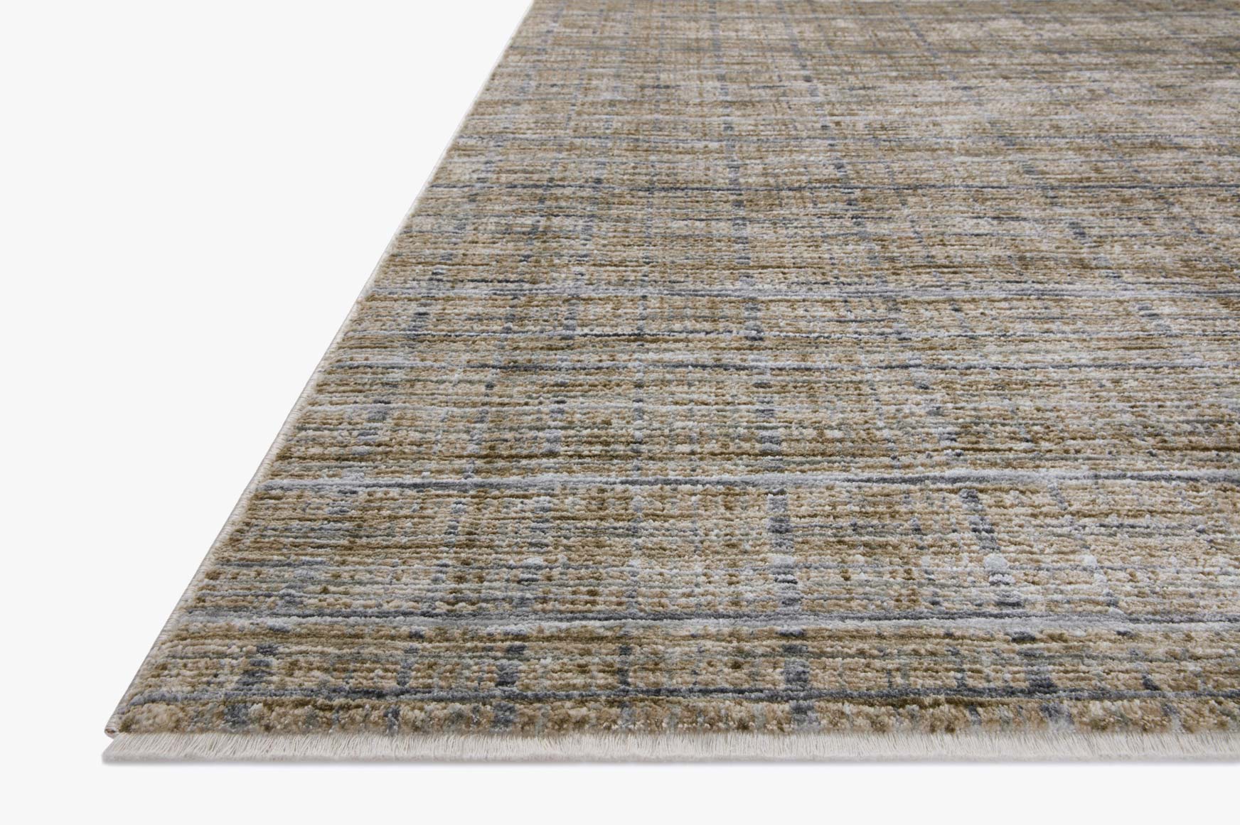 Runner rug with pebble beige base and charcoal gray and blue stripe pattern