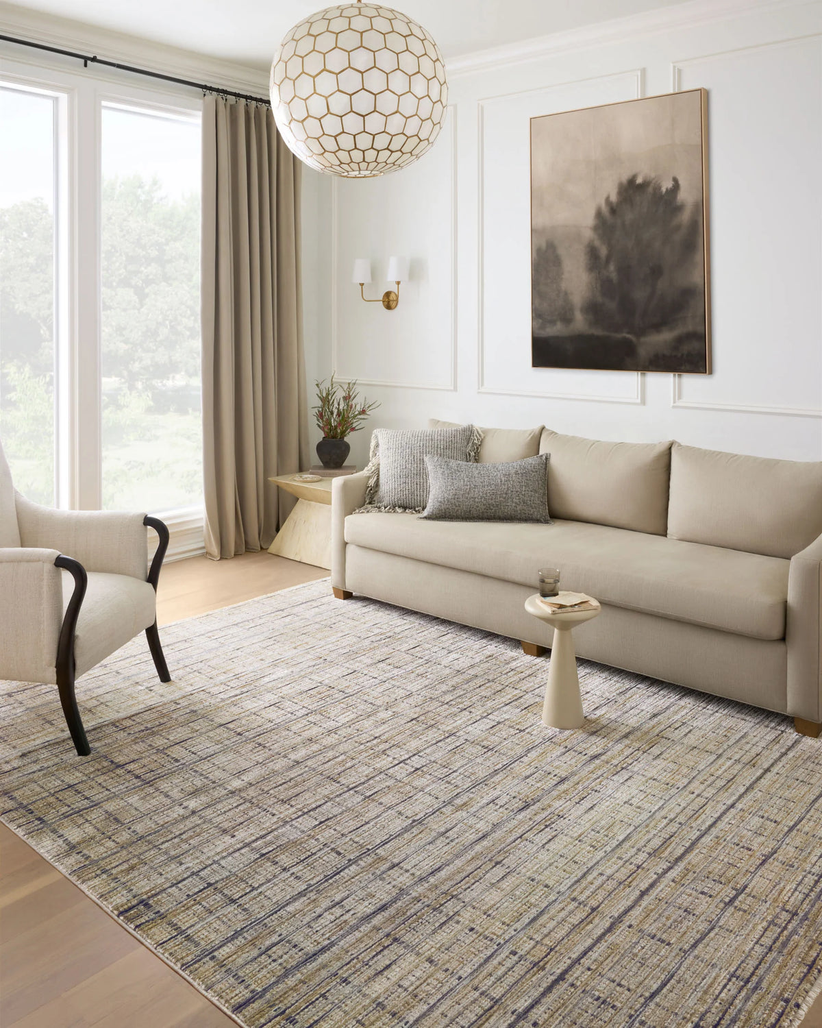Contemporary runner rug with distressed grid texture in light gray and beige tones