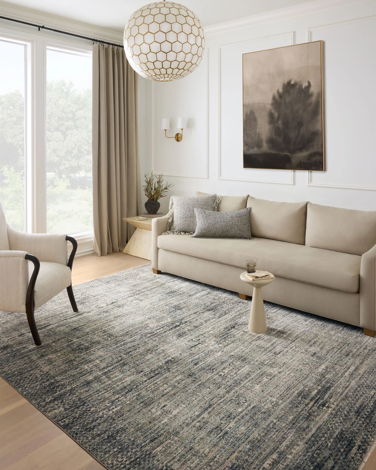 Slate gray accent rug with textured linear pattern and short flat pile, floor view