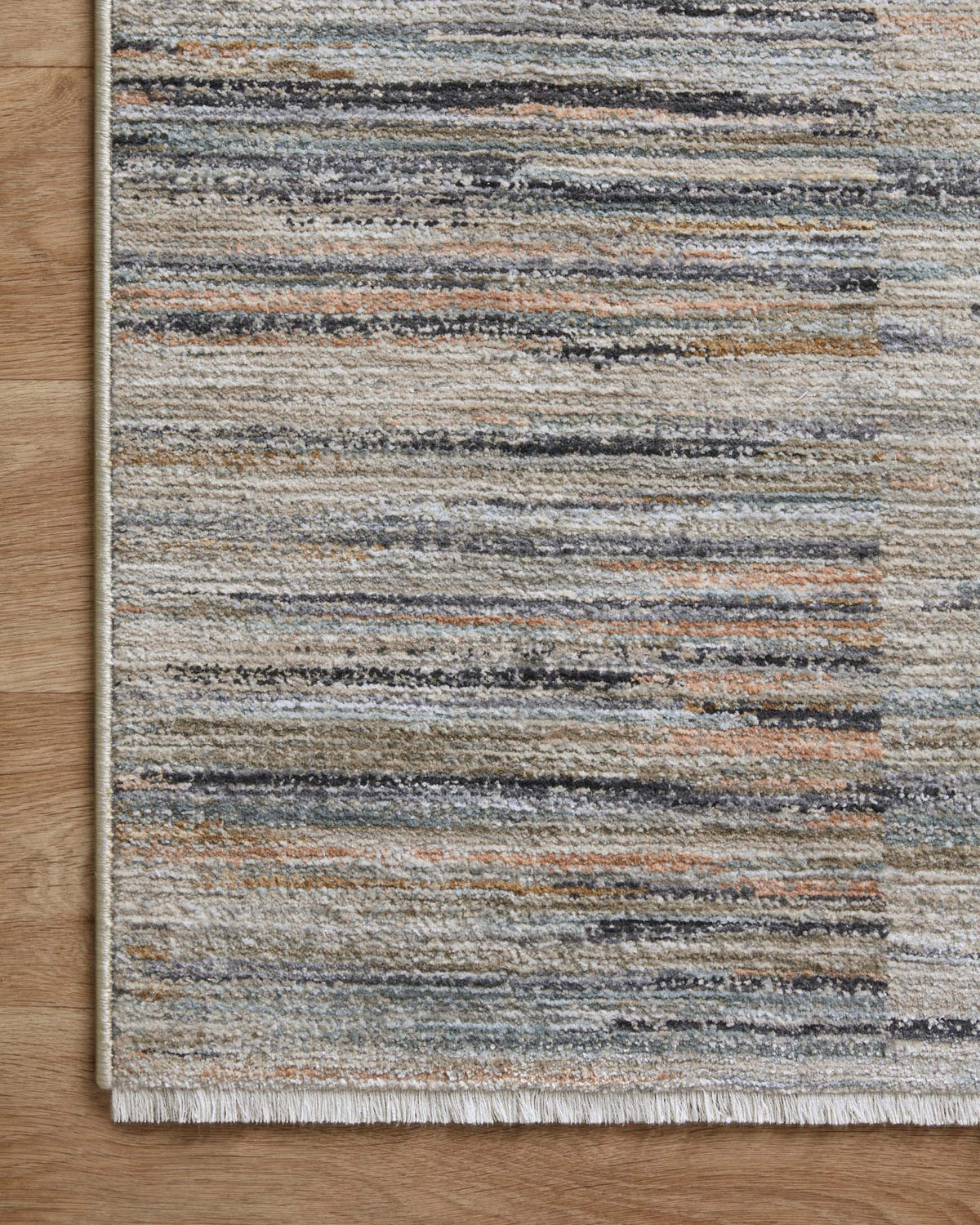 Contemporary area rug with multicolor horizontal stripes, flat weave, and stitched border