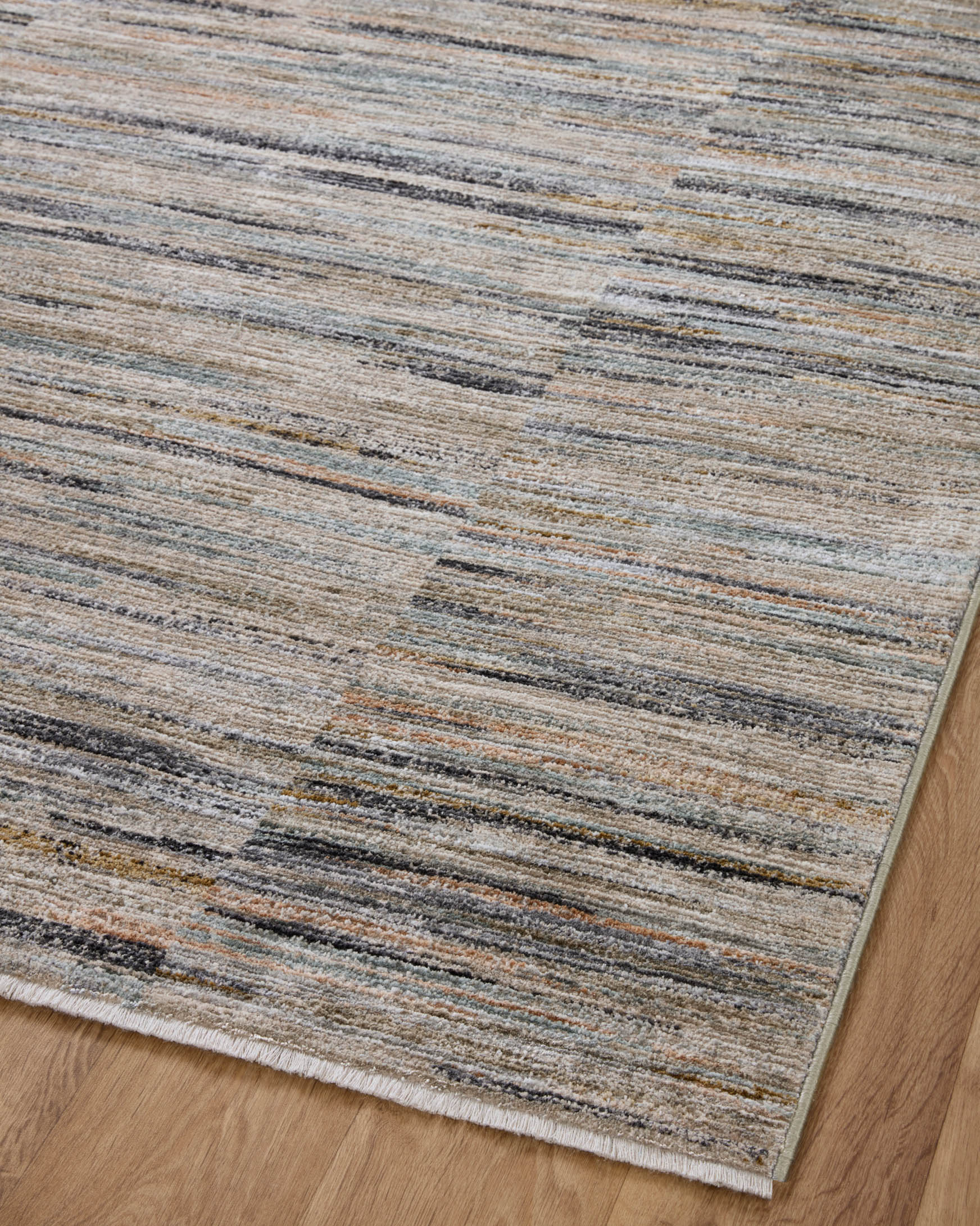 Contemporary area rug with distressed horizontal stripe pattern in gray, blue, and beige