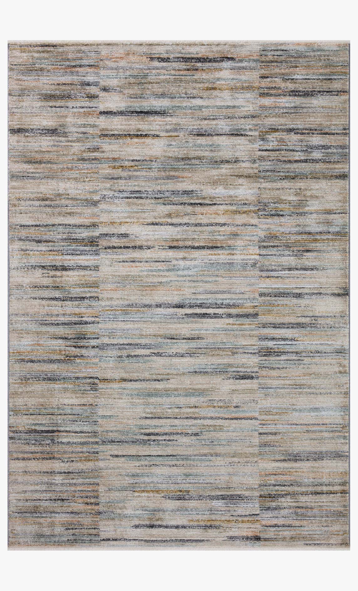 Contemporary rectangular area rug with light gray ground and blue, tan, and orange stripe accents.