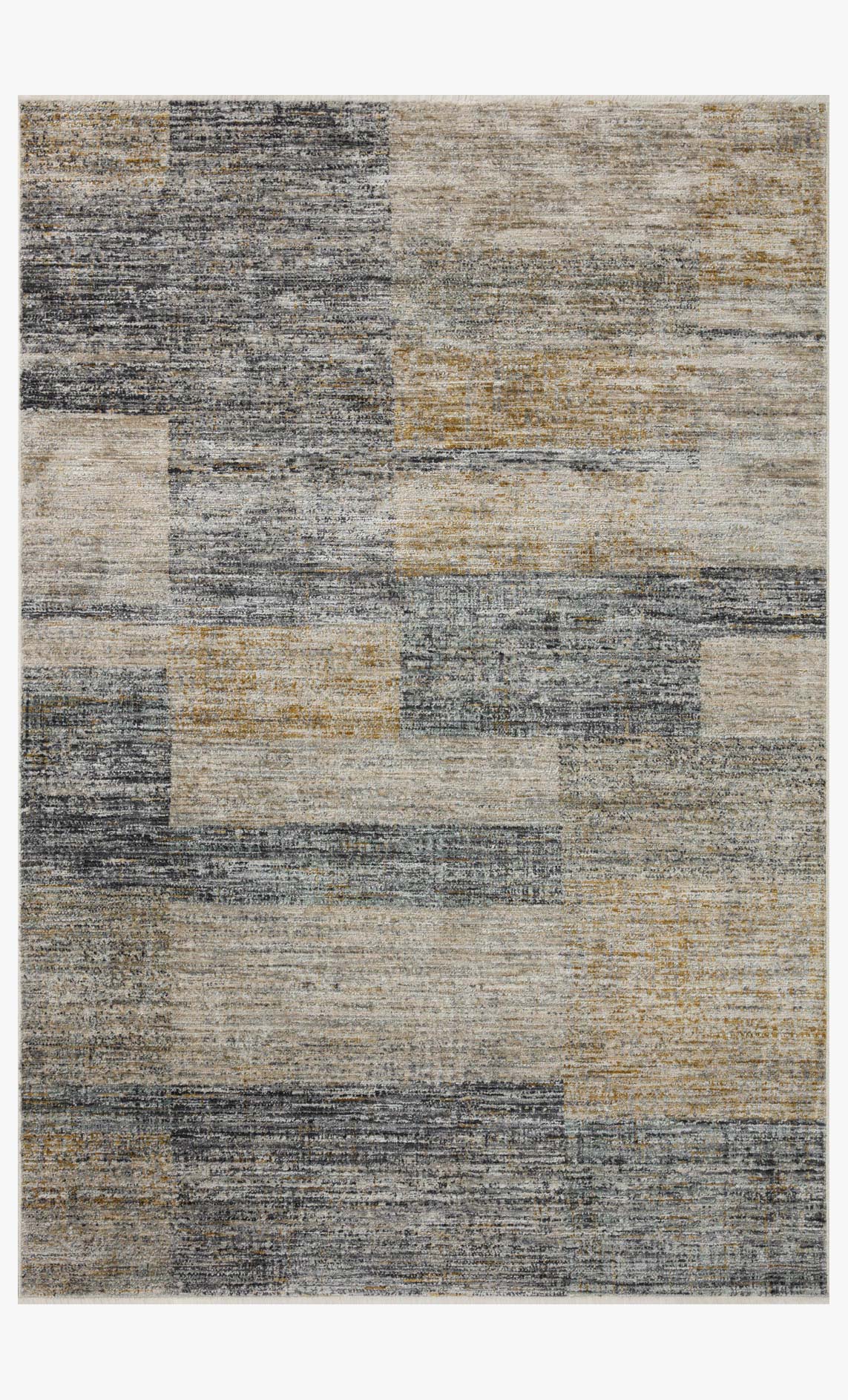 2'7" x 8' abstract runner rug with grey, ivory, and gold patchwork blocks