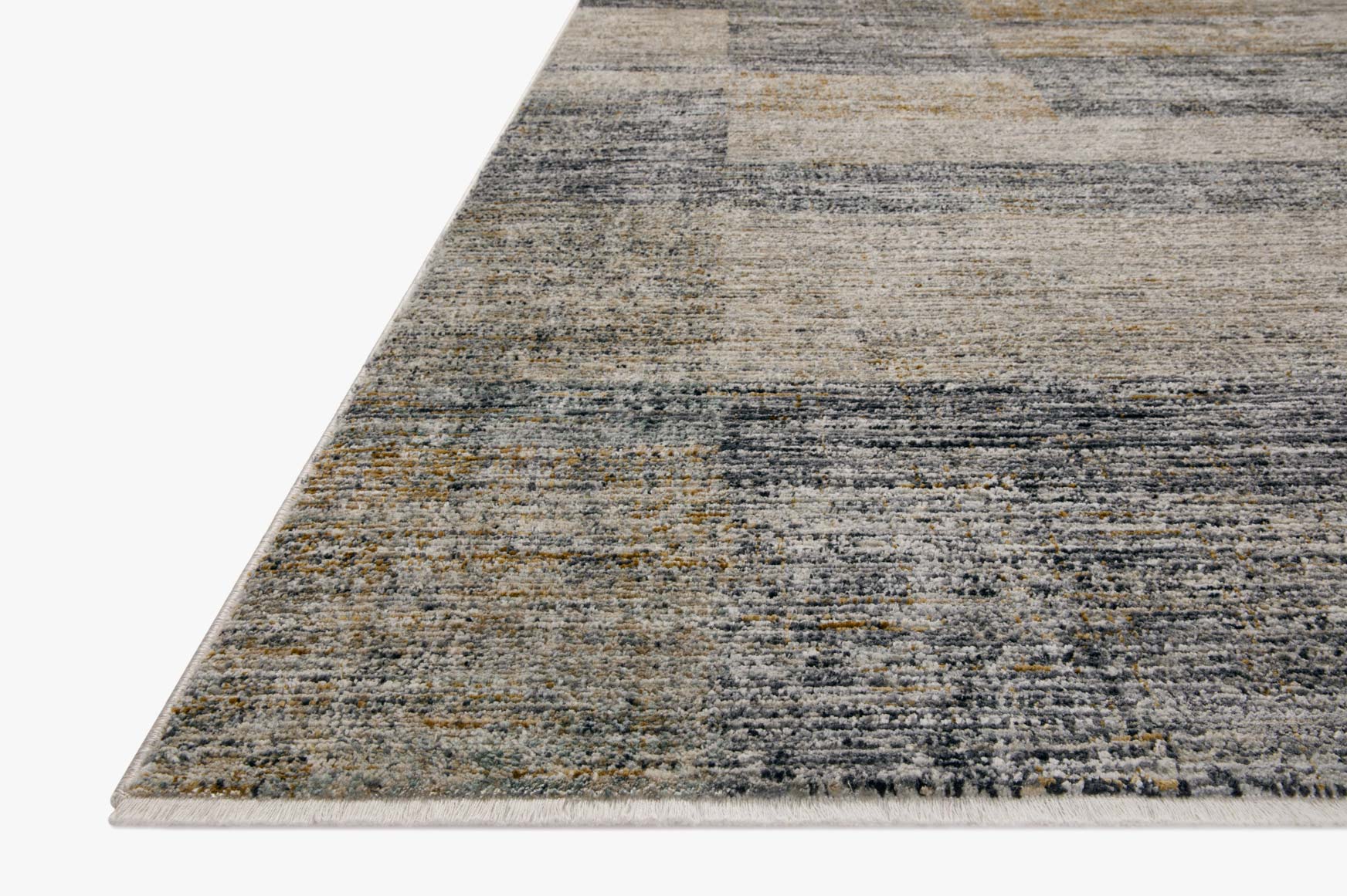 Grey, gold, and ivory abstract area rug with short fringe edges
