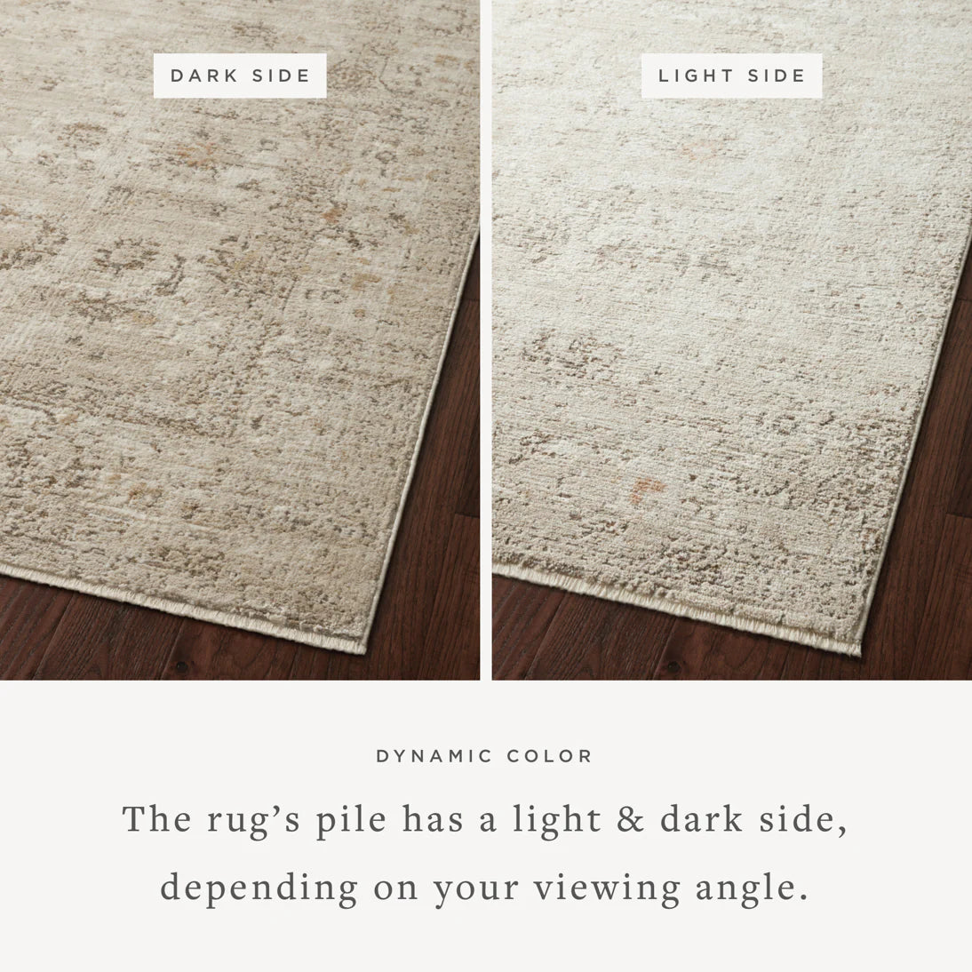 Reversible-style area rug showing light and dark mottled sides, displayed side by side