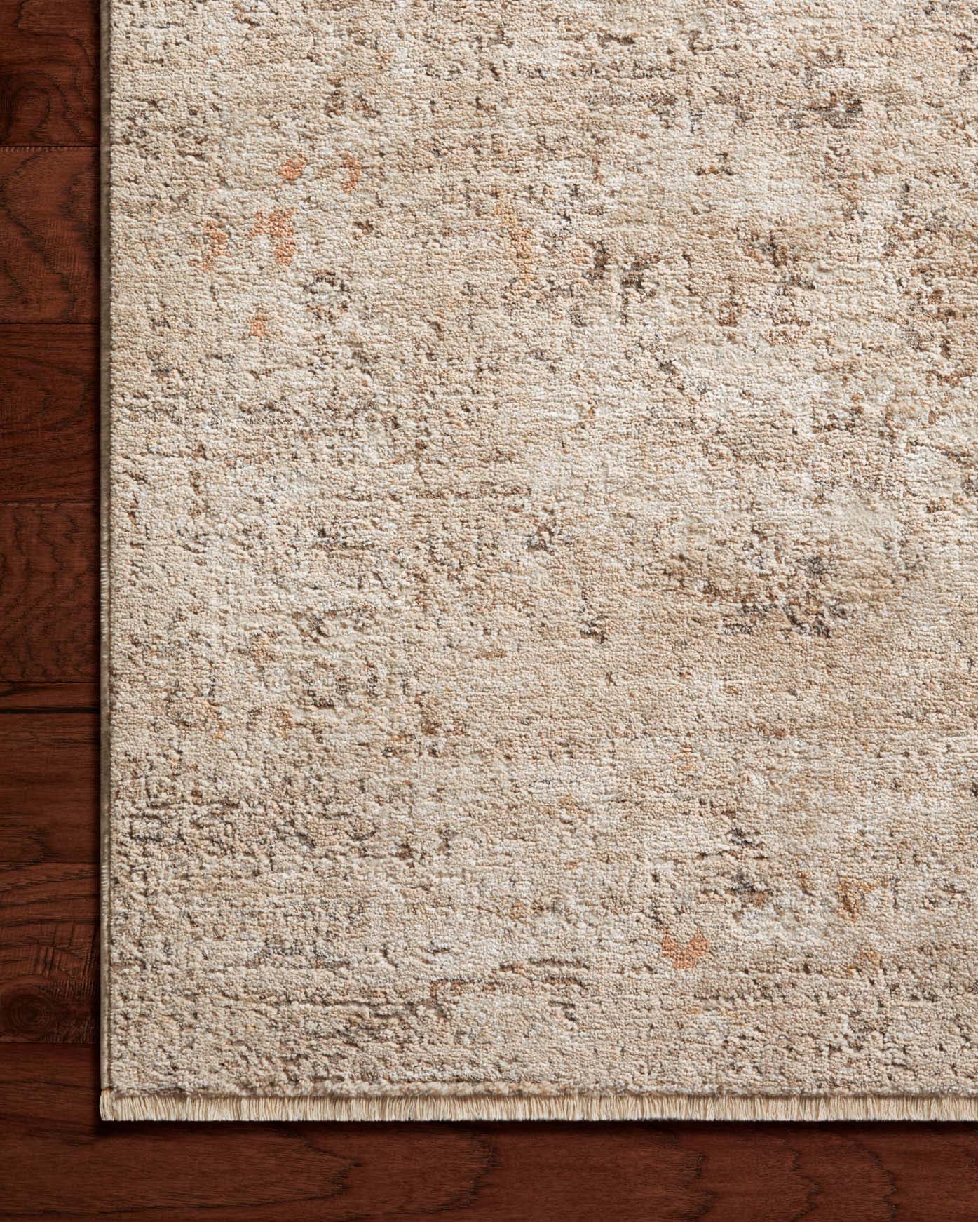 Sand-toned rug panel with low textured pile and distressed speckled pattern