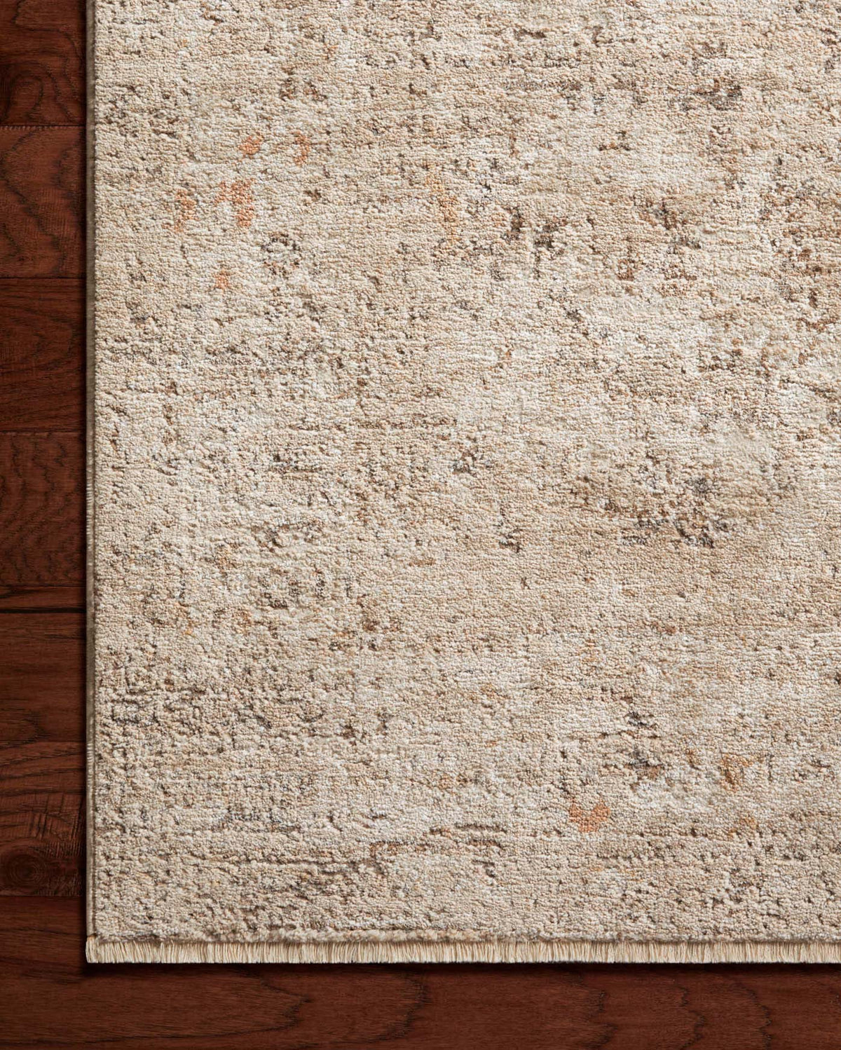 Sand-tone textured area rug close-up with subtle taupe flecks and short pile