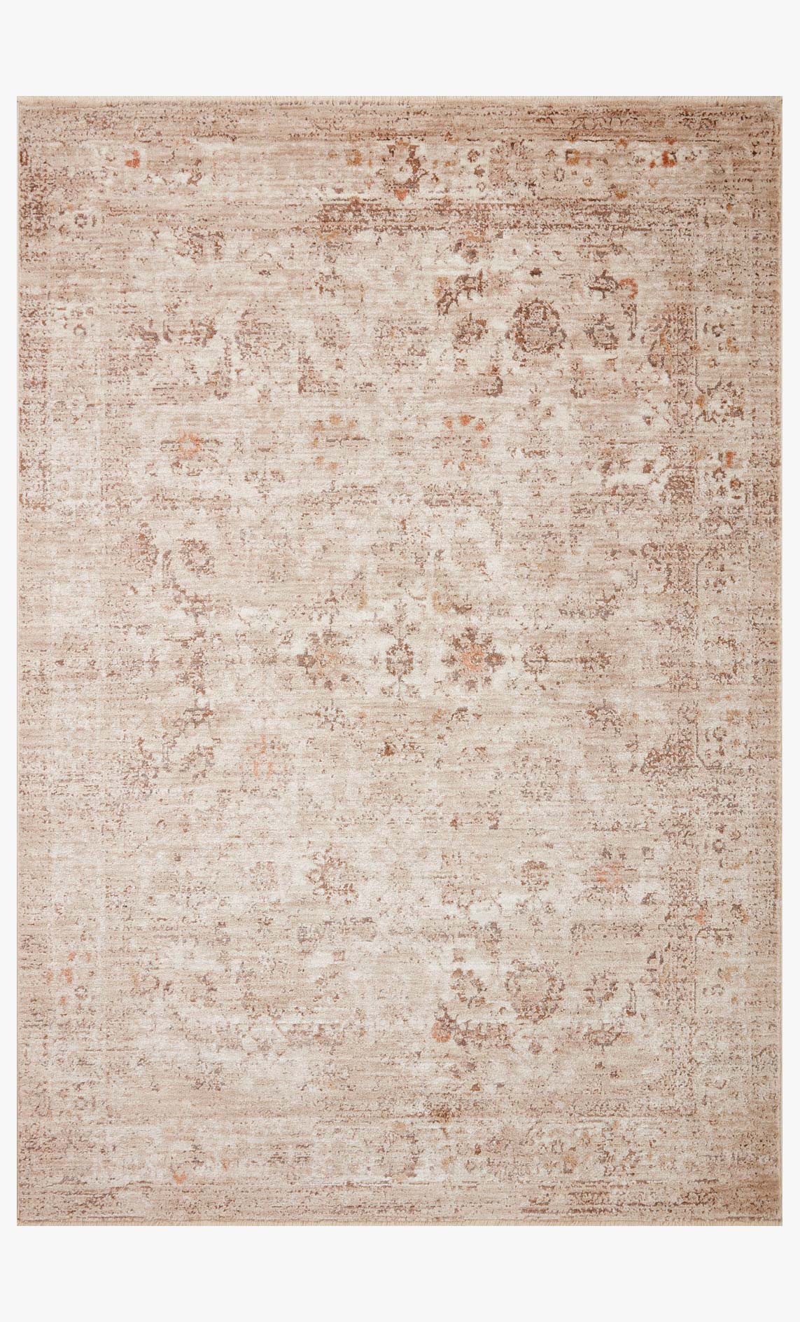 Sand and taupe area rug with faded distressed medallion pattern and border