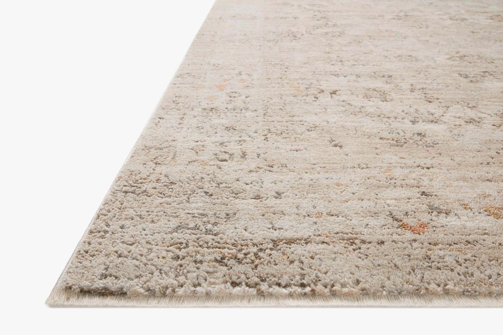 Sand and taupe runner rug with distressed textured pile and stitched border edge