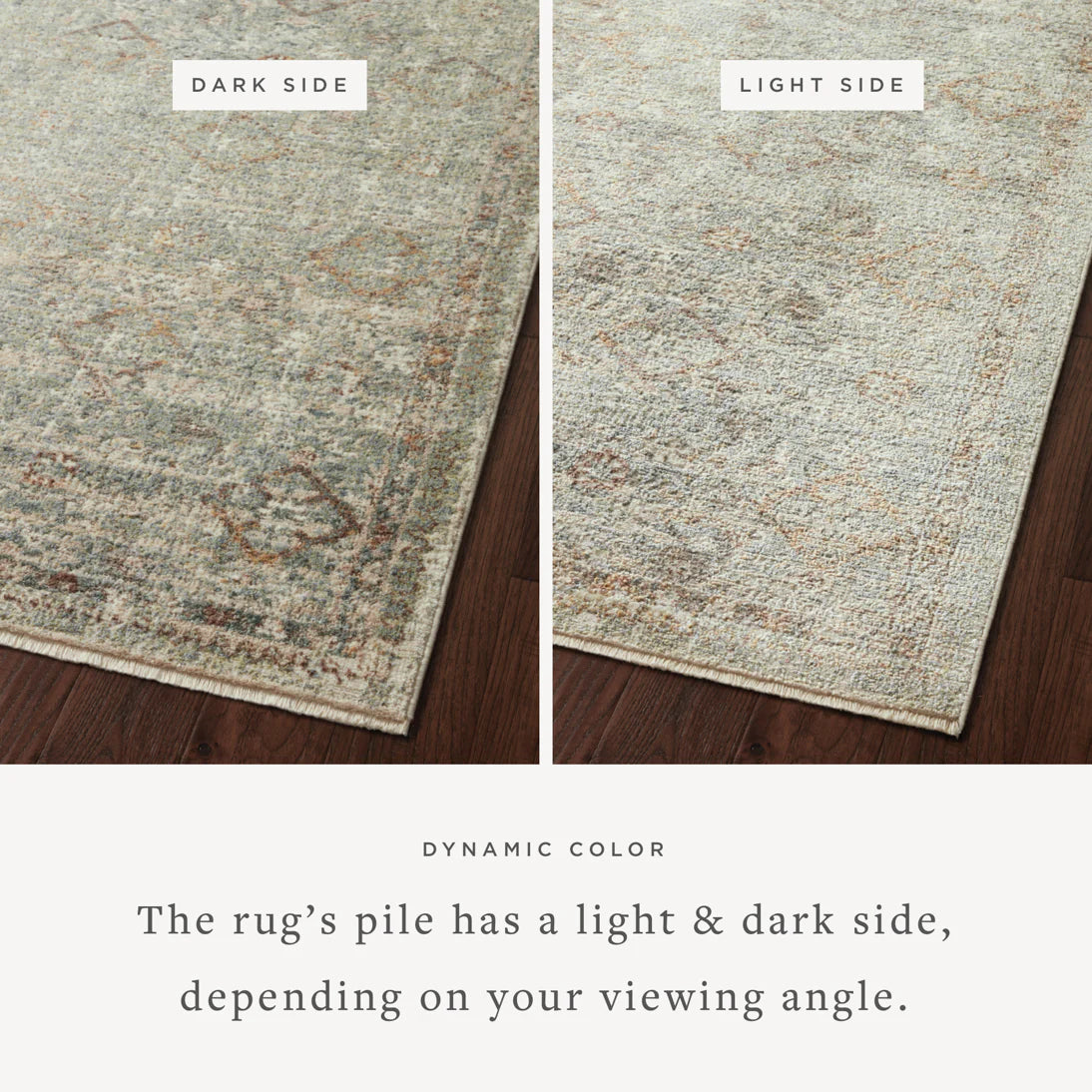 Reversible look area rug showing light side and dark side with speckled pattern