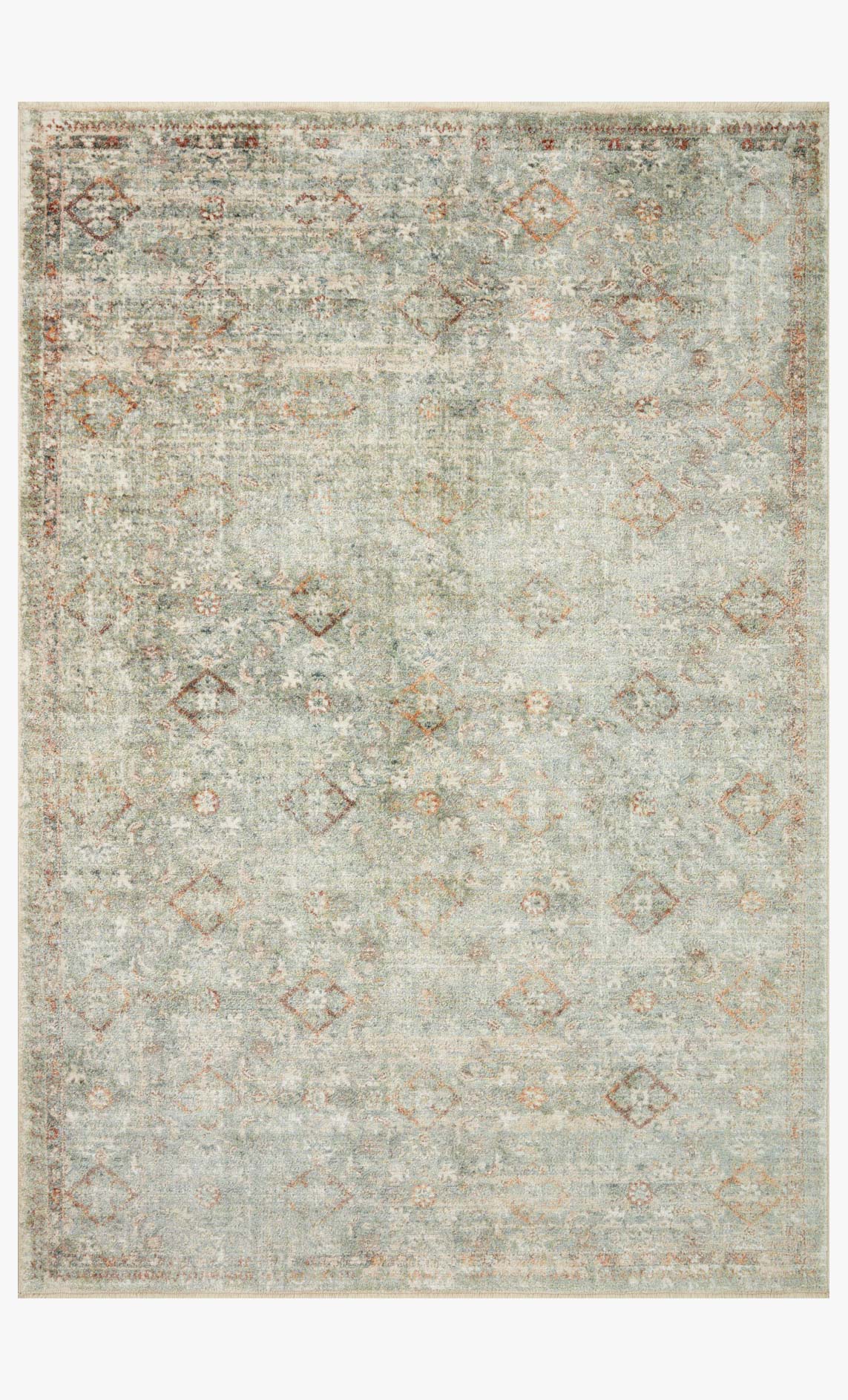 Lagoon blue area rug with distressed geometric pattern and thin border in gold and rust