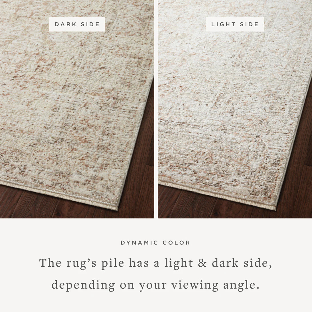 Beige area rug showing light and dark pile sides with terracotta speckling