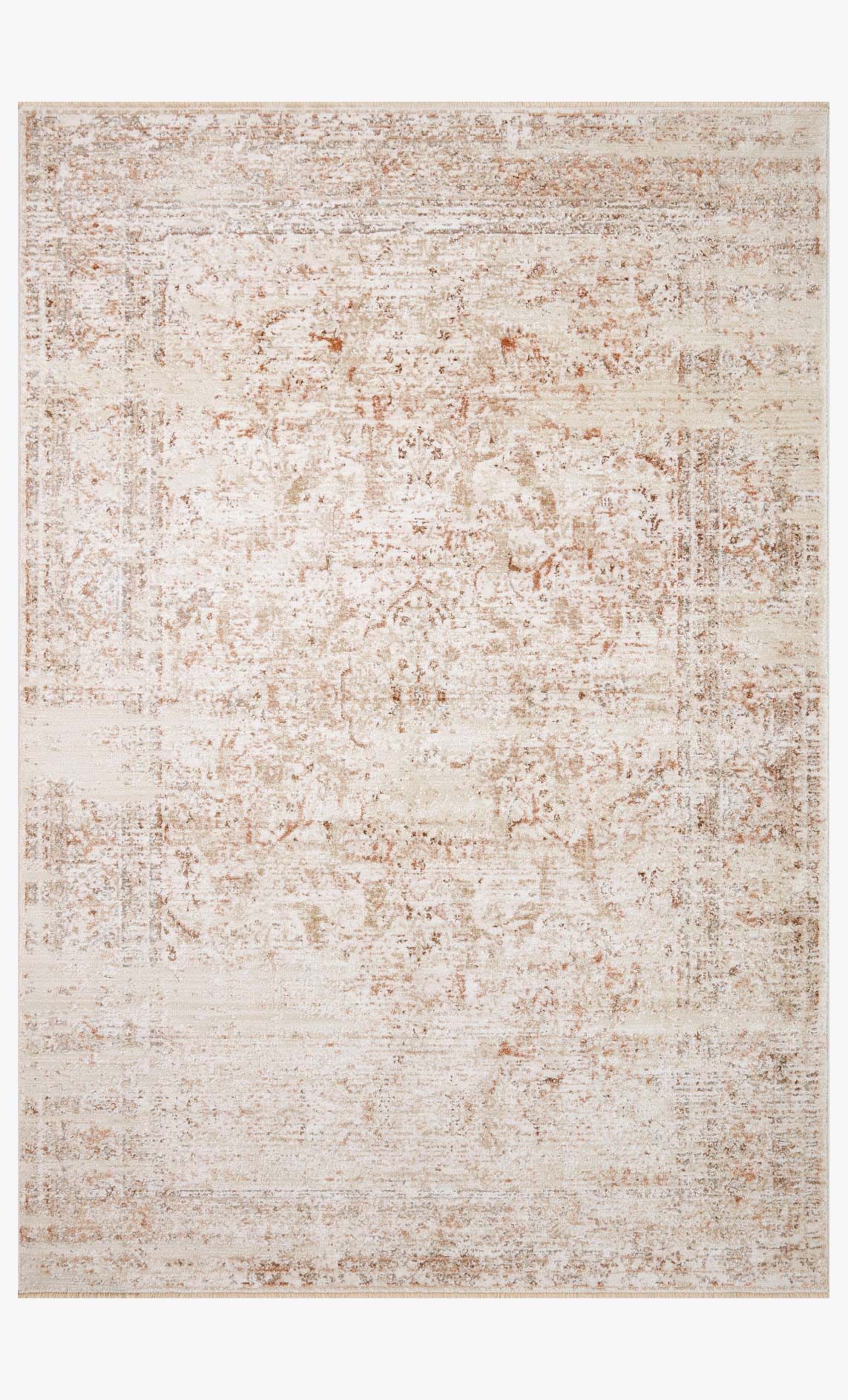Beige rectangular rug with terracotta speckled distressed pattern and subtle border