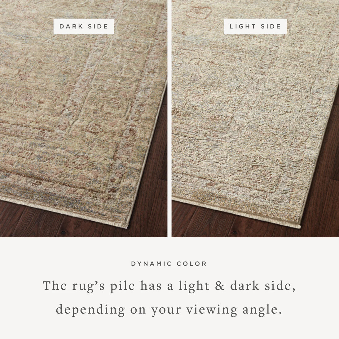 Loloi area round rug, light and dark pile sides shown, speckled beige and moss