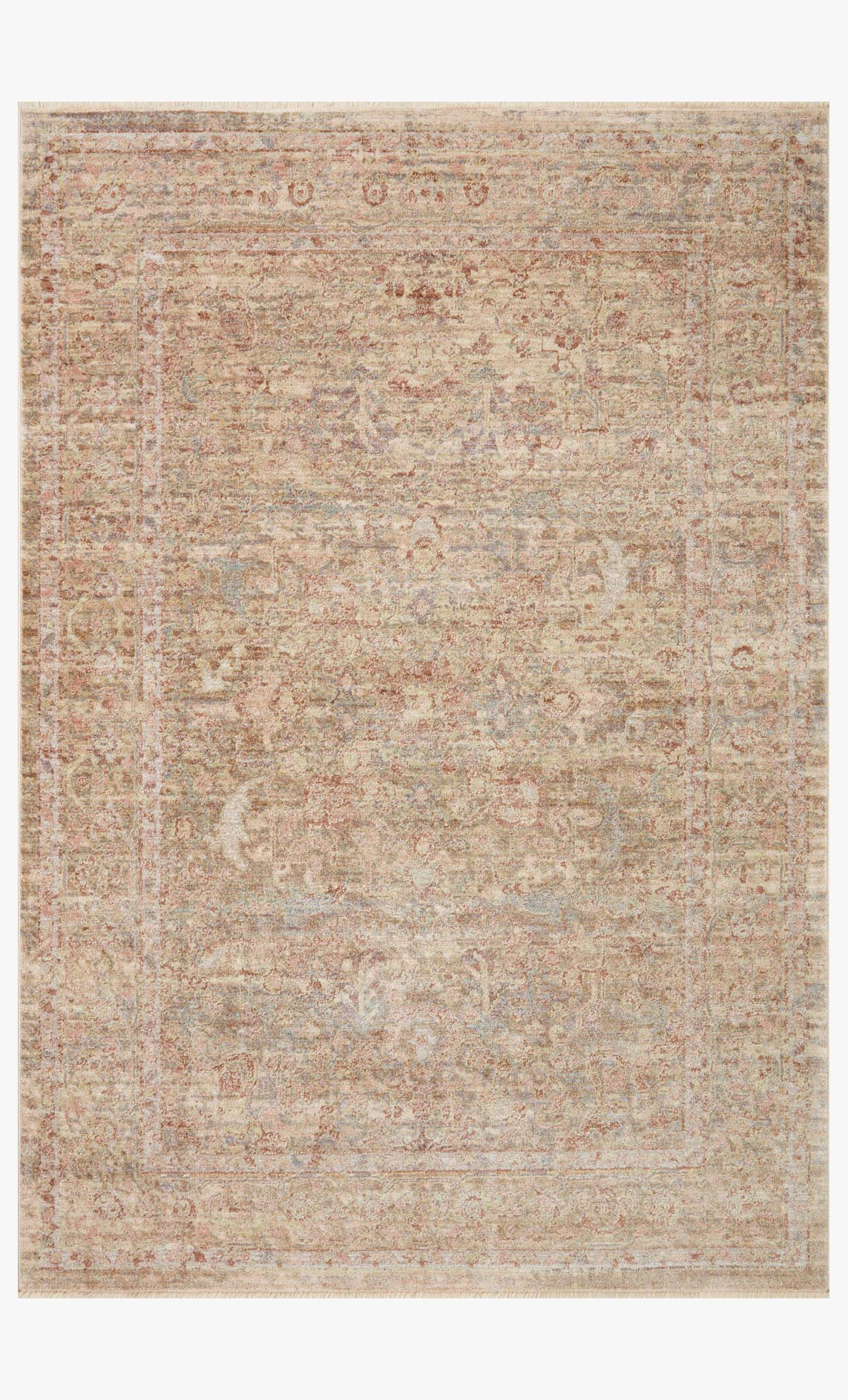 Rectangular area rug with distressed motifs in tan, moss green, and warm brown