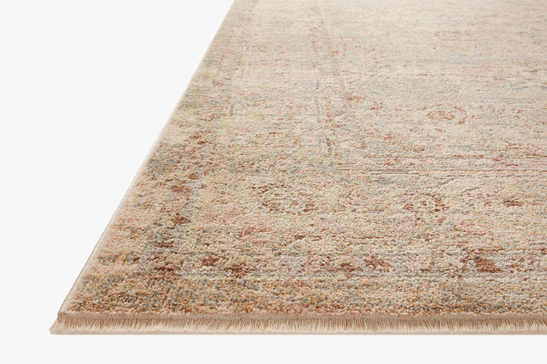 Rectangular accent rug with multicolor mottled weave in moss green and natural tones, frayed edge