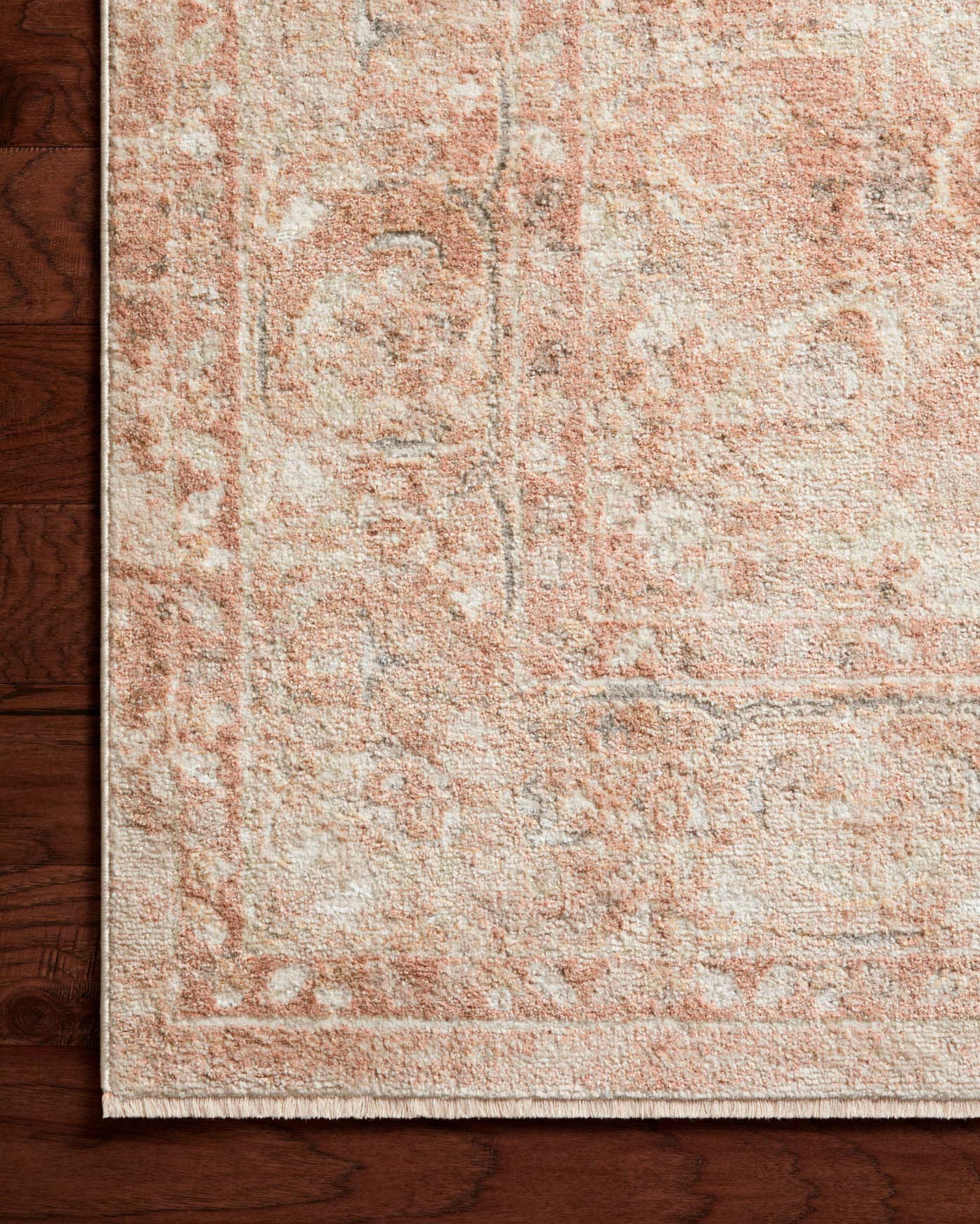 Terracotta and natural area rug with vintage geometric pattern and border