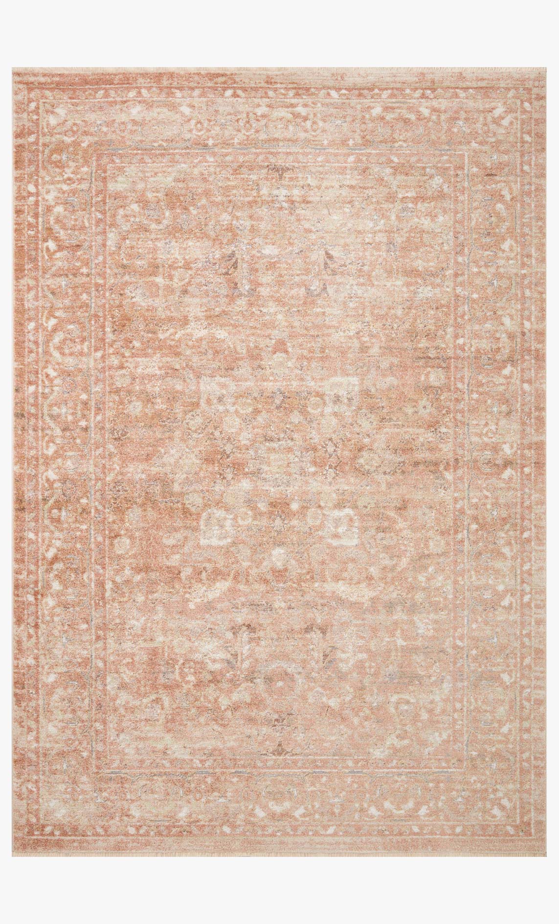 Terracotta and natural runner rug with ornate distressed border and all-over motif